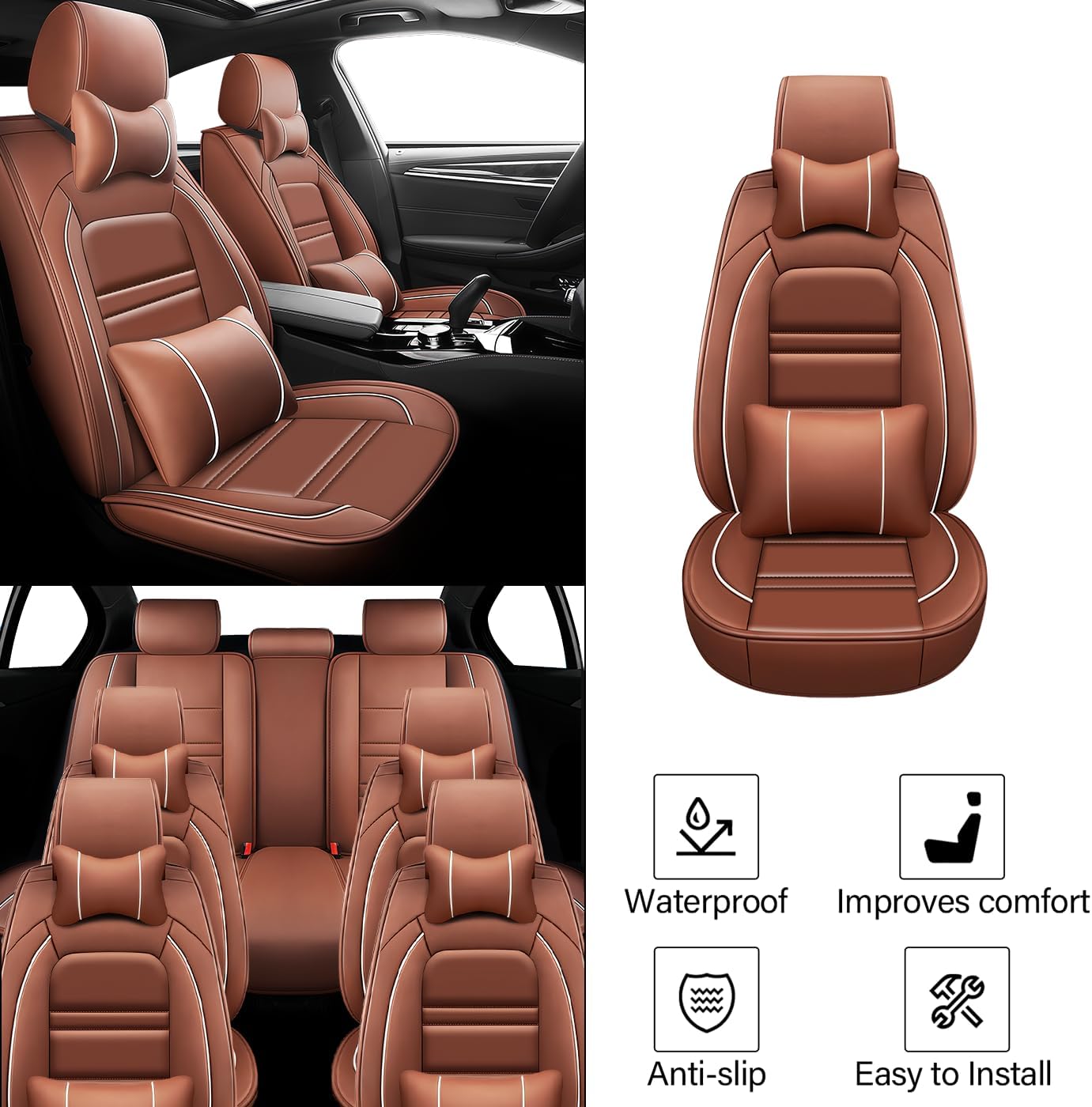 Leather Car Seat Covers Fit for Buick Enclave 2008-2023, Car Seat Cover 7 Seat, Non-Slip and Waterproof Full Set with Pillow Accessories (Coffee)