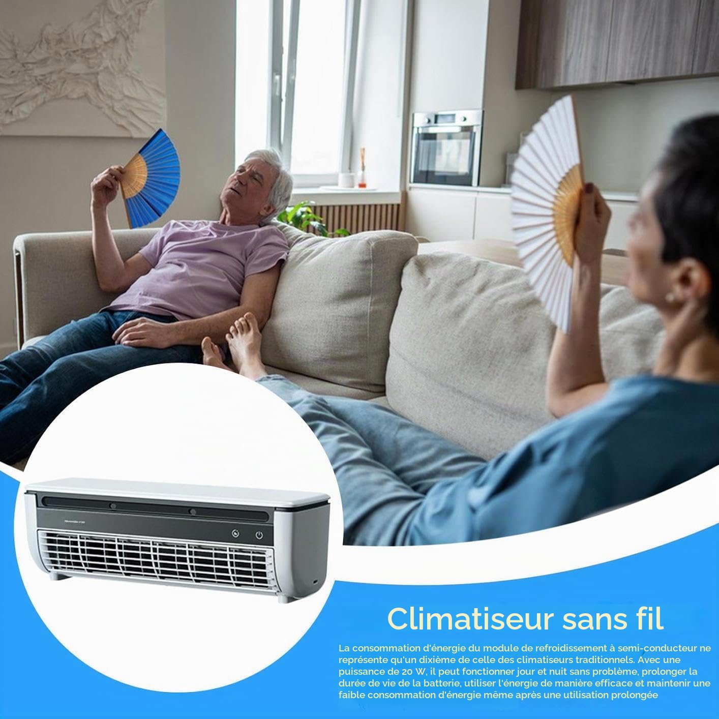 Ventilateur portable, refroidisseur de chargement sans fil, brise réglable, appareil de refroidissement personnel compact pour maison, cuisine, dortoir, voyage, camping-car, gym, camping