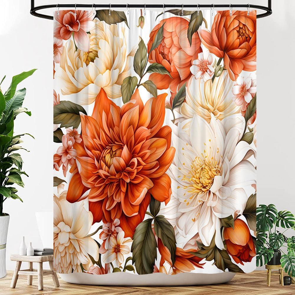 Orange Floral Shower Curtain Boho Retro Flower Leaves Minimalist Aesthetic Rustic Farmhouse Fabric Bathroom Decor Curtains with Hooks, 86" Wx70 H