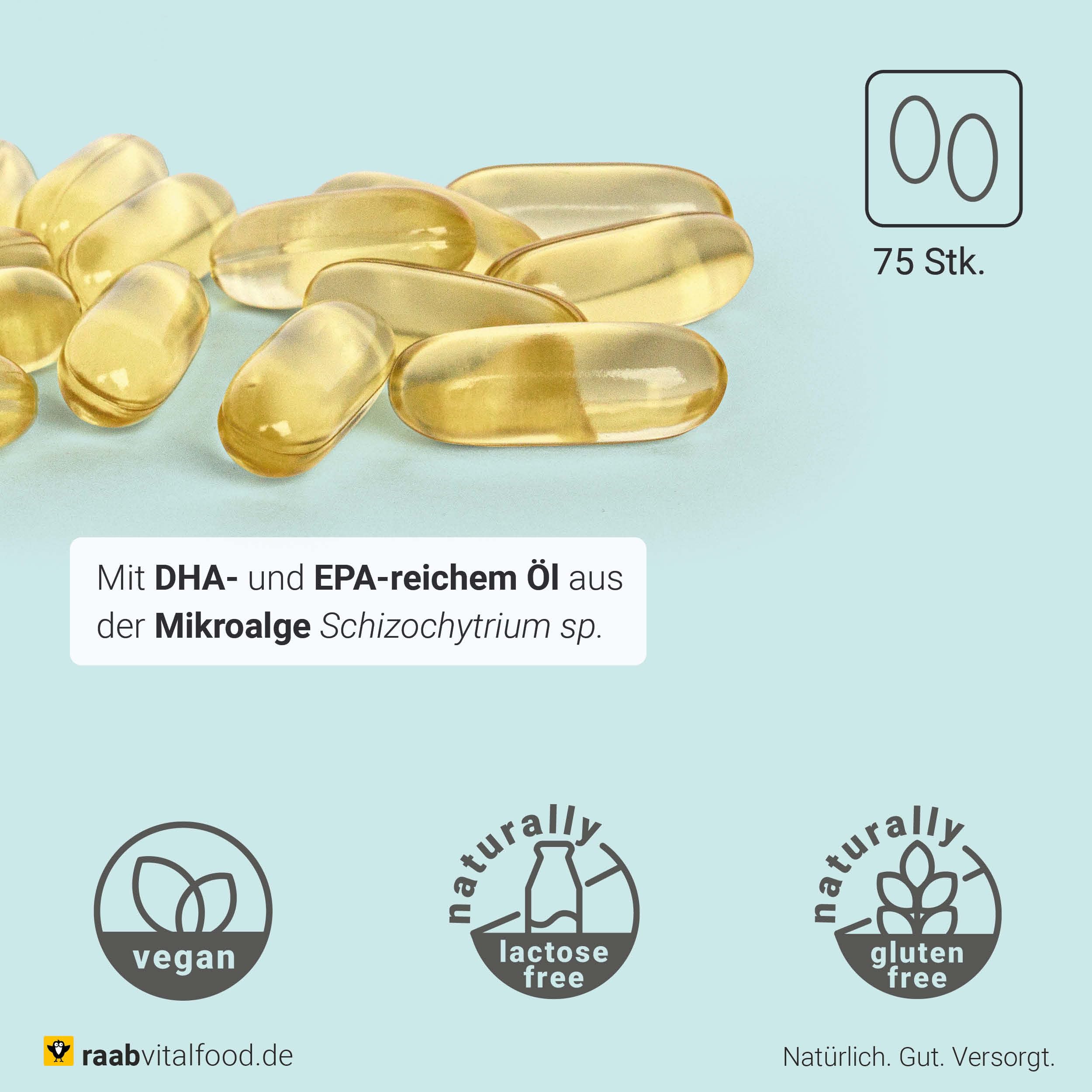Raab Vitalfood® Algenöl Omega-3 Kapseln (75 Stück) - Omega-3 Vegan aus Algenöl, mit DHA und EPA (2:1), nachhaltige Alternative zu Fischöl, Omega-3 Fettsäuren DHA 250 mg und EPA 125 mg pro Kapsel