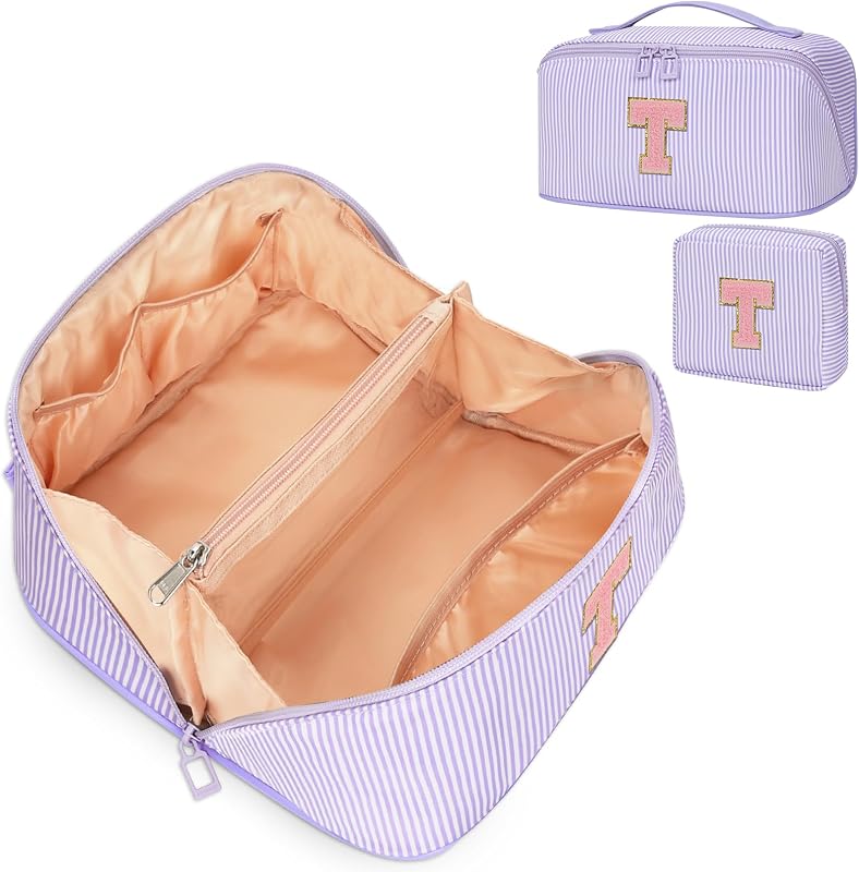 Bagmoly Necessaire de maquiagem personalizada com inicial, conjunto com 2 peças, Roxo T