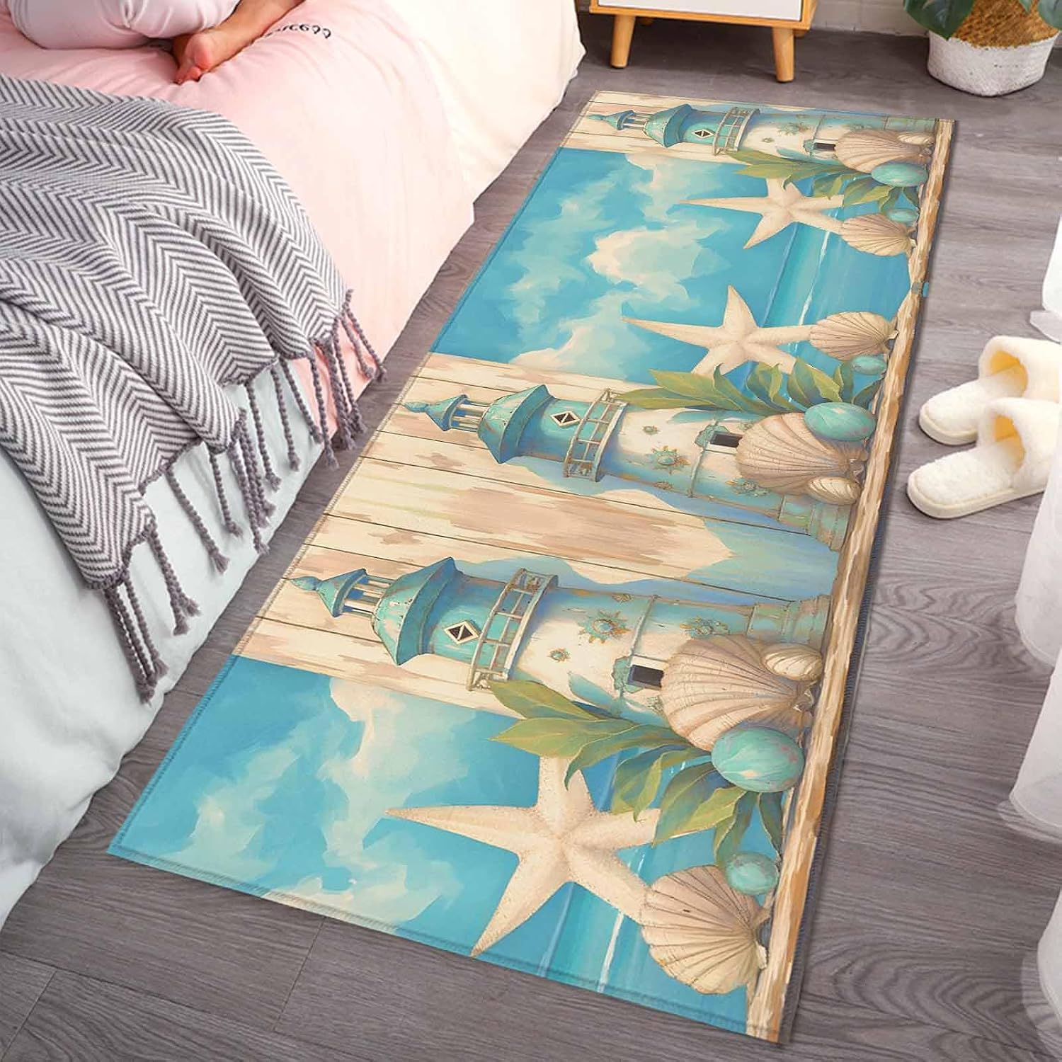 Kitchen Mats for Floor Summer Coastal Lighthouse Starfish Shell Washable Non Slip Kitchen Rugs 1PCS, Seaside Seascape Blue Sky Absorbent Standing Mats for Sink Bathroom Office Living Room 23.6x70.9in