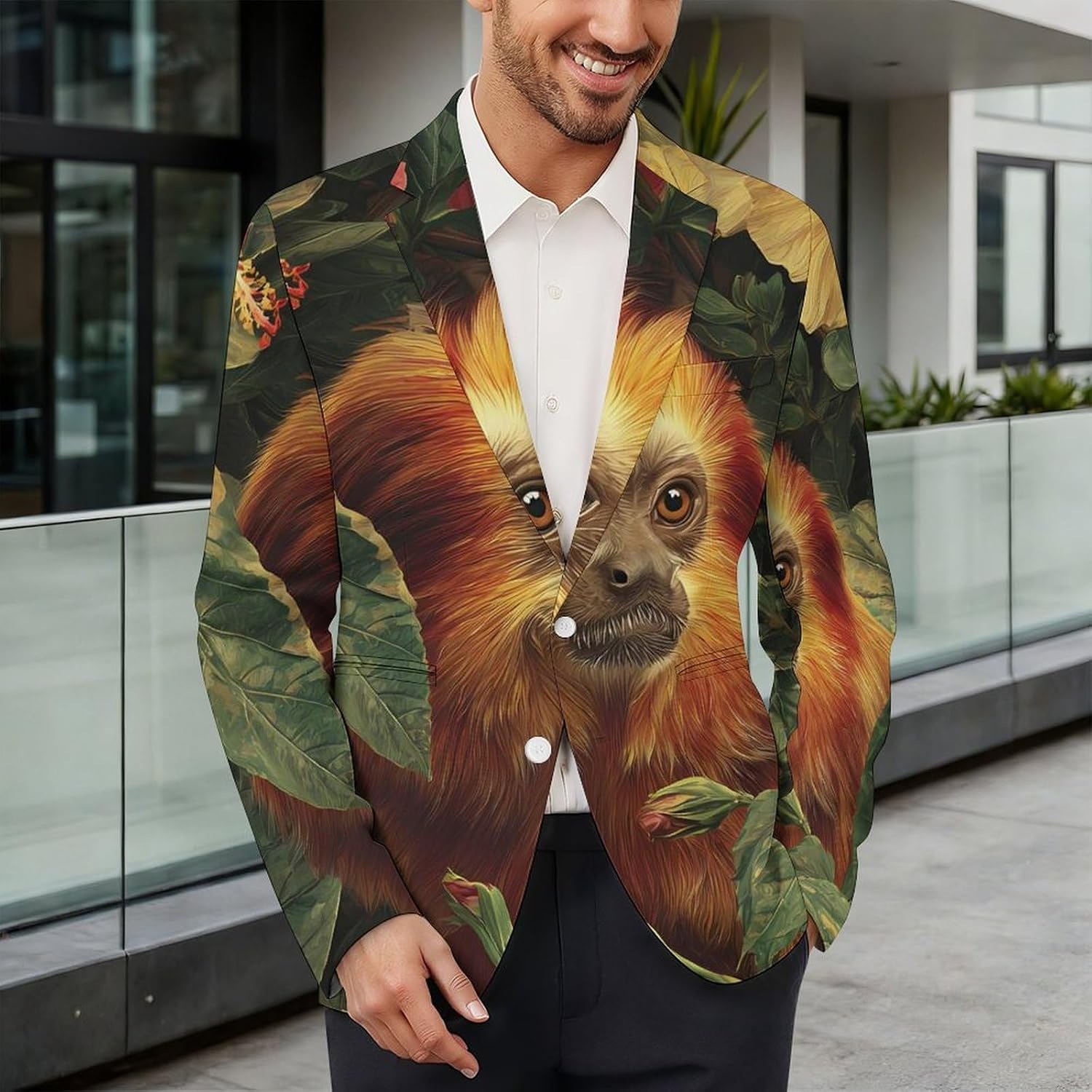 Monkey Hibiscus Flower Suits Blazer for Men Buttons Jacket Coat Business 6X-Large