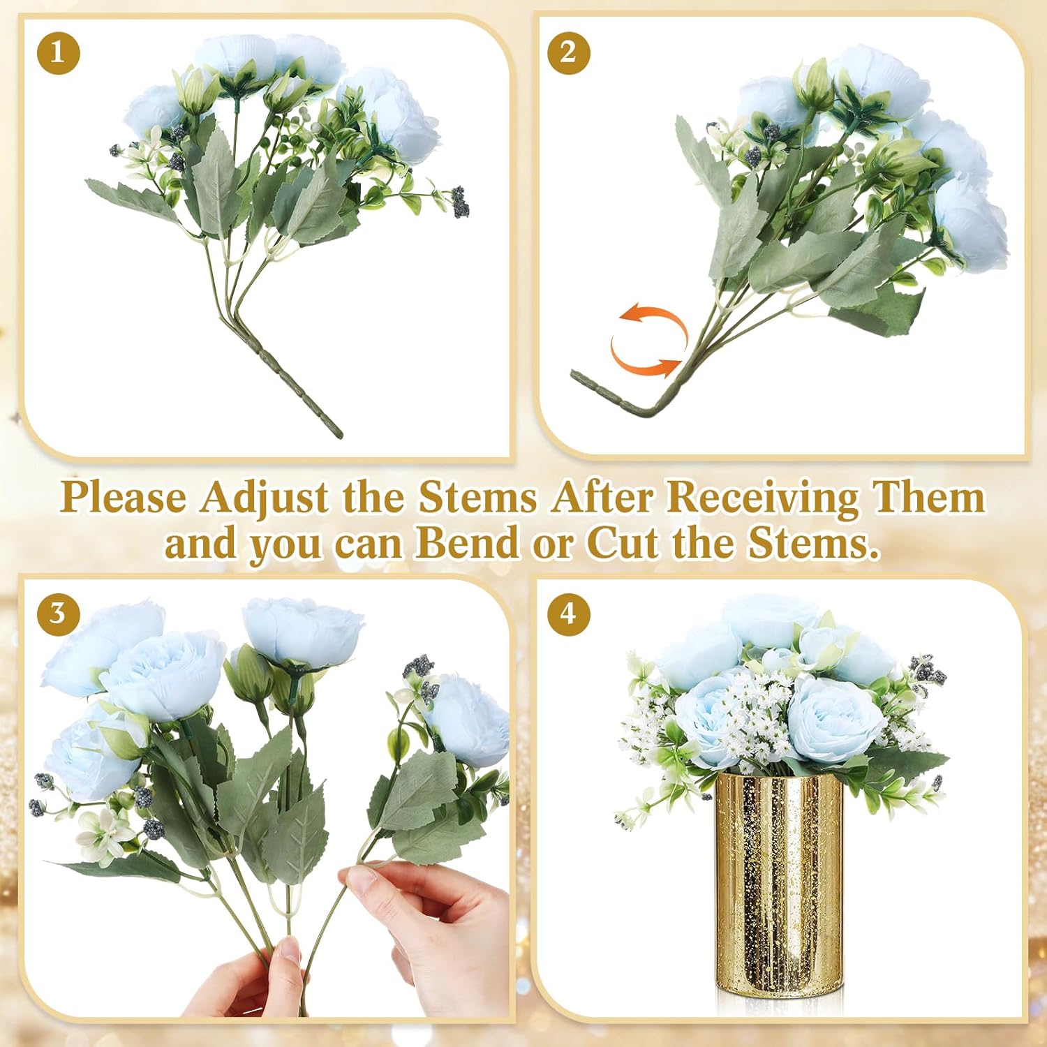 6 Sets Gold Cylinder Candle Vases Centerpiece with Flower for Table Artificial Peony with Baby's Breath Flowers Hurricane Candle Holder Mason Jars for Wedding Bridal Shower(Blue)
