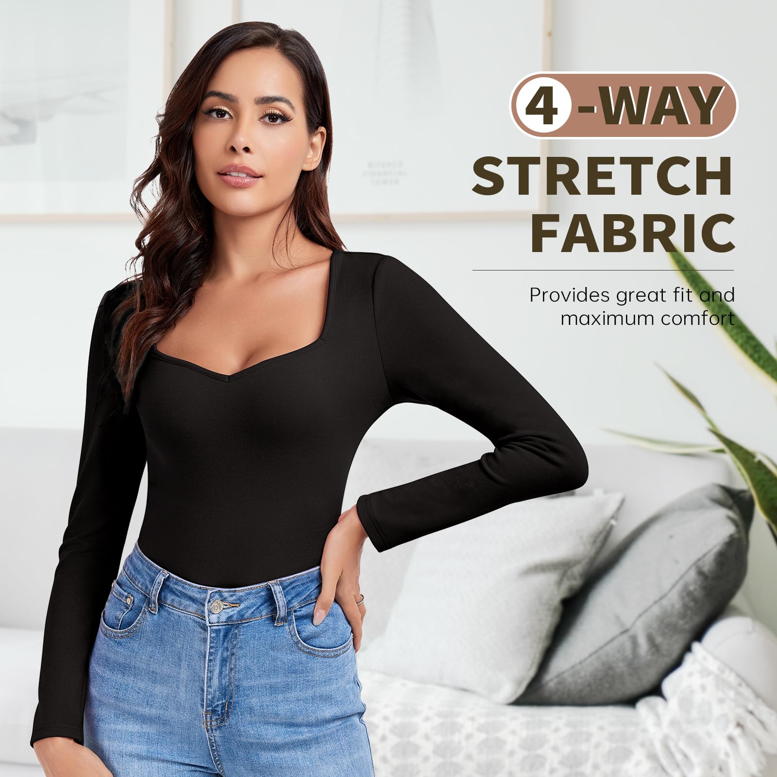 WOWENY Thermo Oberteil Damen Fleece Langarmshirt mit Sweetheart Ausschnitt Elegant Thermohemd Langarm 3/4 Arm Warm Bequem Tops Winter