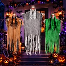 3 Pack Halloween Hanging Skeleton Ghost Decorations with Light Up Red Eyes