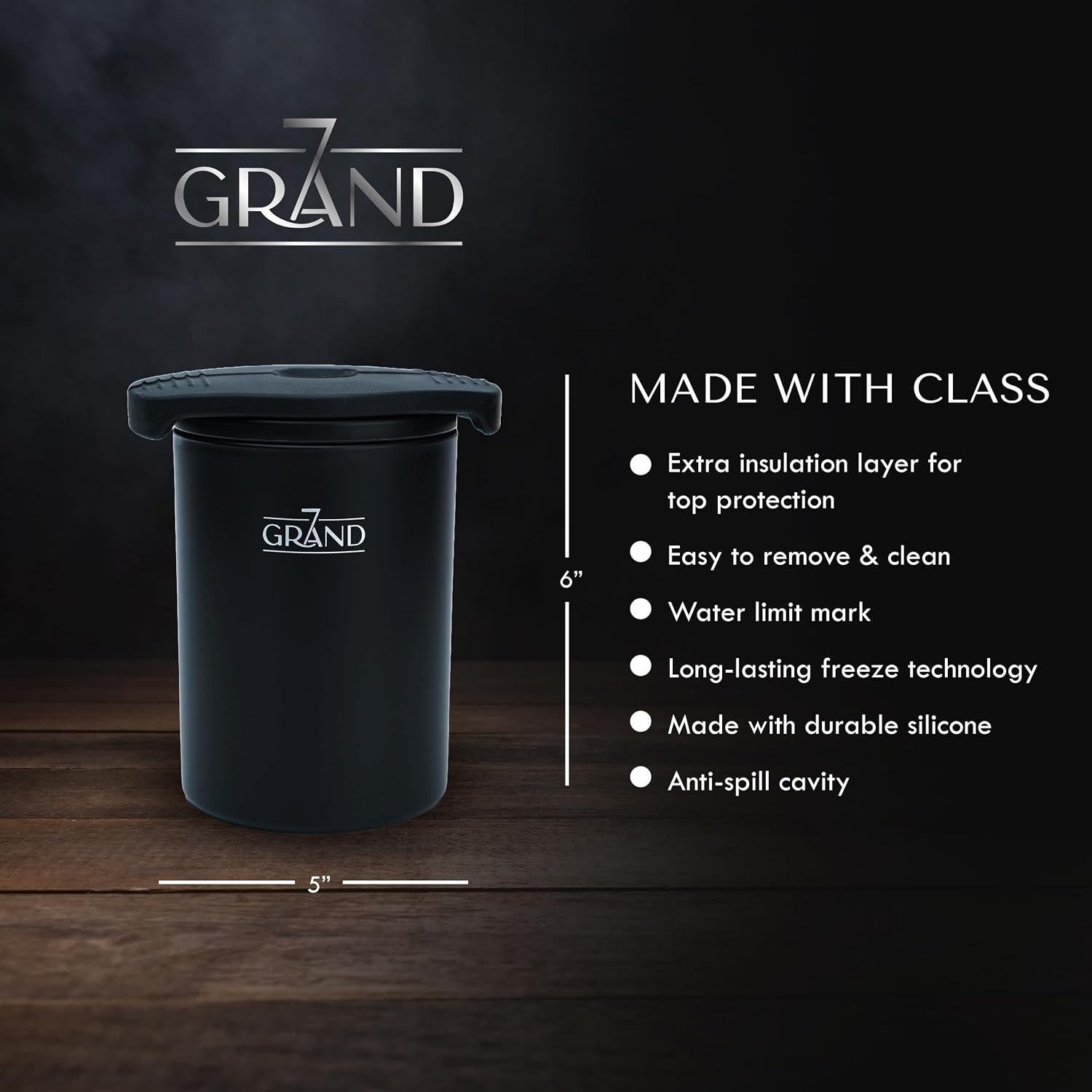 A black ice maker container with '7Grand' logo, showing dimensions of 6 inches height and 5 inches width, with a list of features like 'Extra insulation layer' and 'Made with durable silicone'.