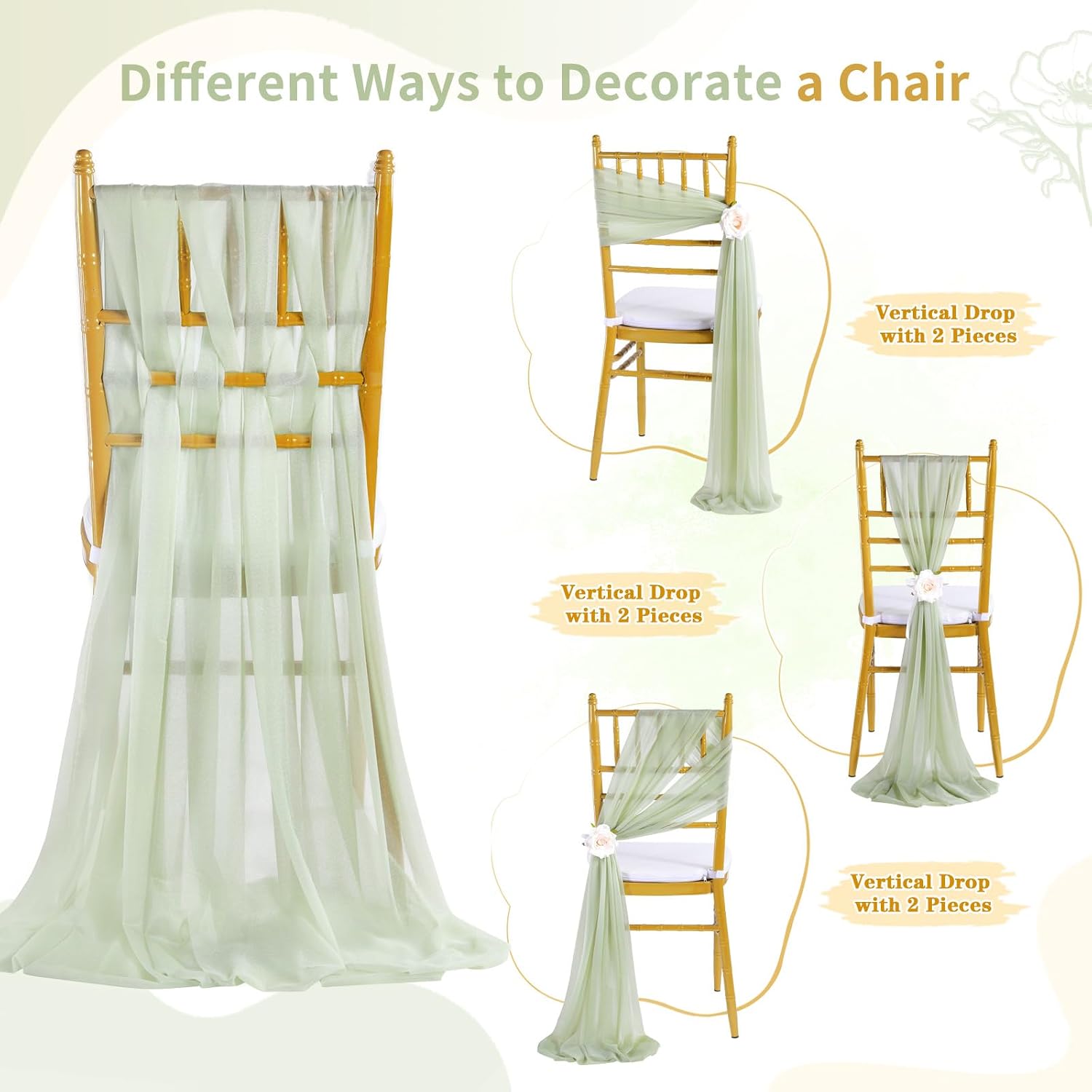 Sage Green Chair Sashes Wedding Aisle Decorations - 16 Pcs Wrinkle-Free Chair Covers for Birthday Bridal Shower Bachelor Party