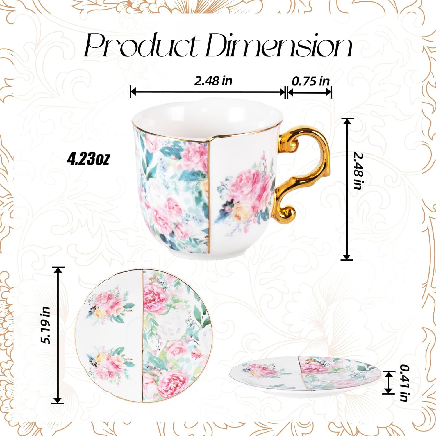 KAMMAK Tea Cups and Saucers Set of 2, Porcelain Coffee Cups, 4-Ounce Stackable Espresso Mugs, Ceramic Demitasse for Coffee, Latte, Americano, Tea, Western Peony