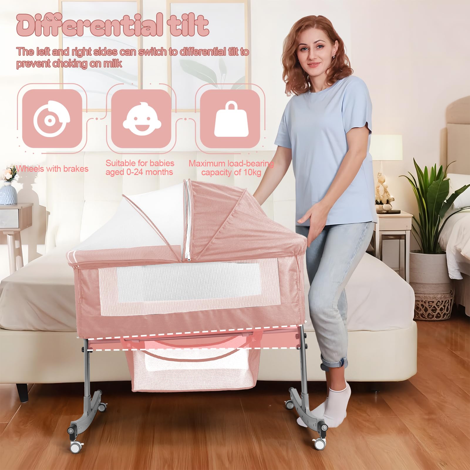 Lit bébé 4 en 1 Cododo réglable Hauteur Berceau Bascule avec Table à Langer Moustiquaire Rangement Rose