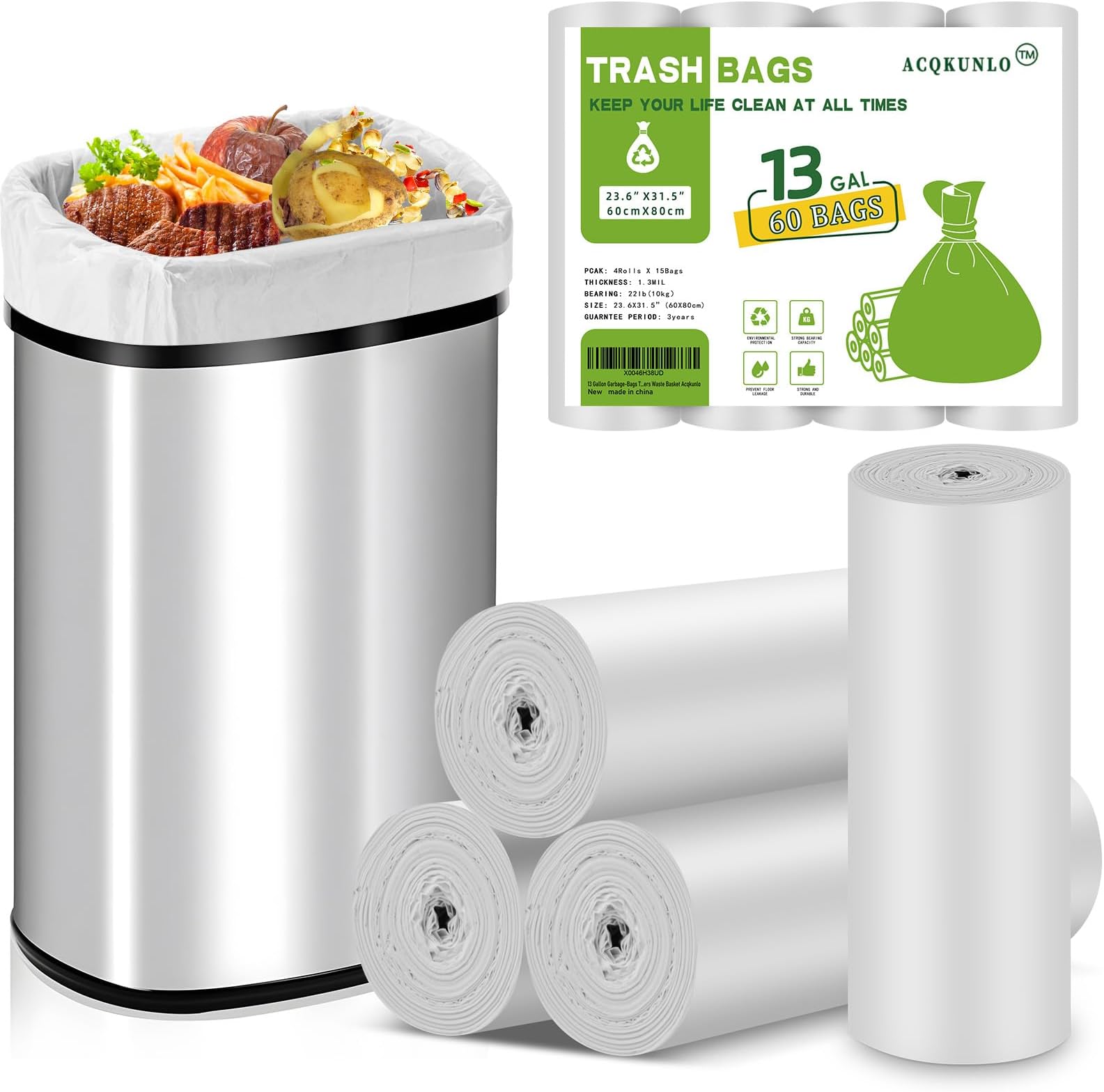 13 Gallon Garbage-Bags Tall Kitchen Compostable-Trash-Bag - White Biodegradable Unscented 60 Count Large Recycling Compactor Big Outdoor Liners Waste Basket