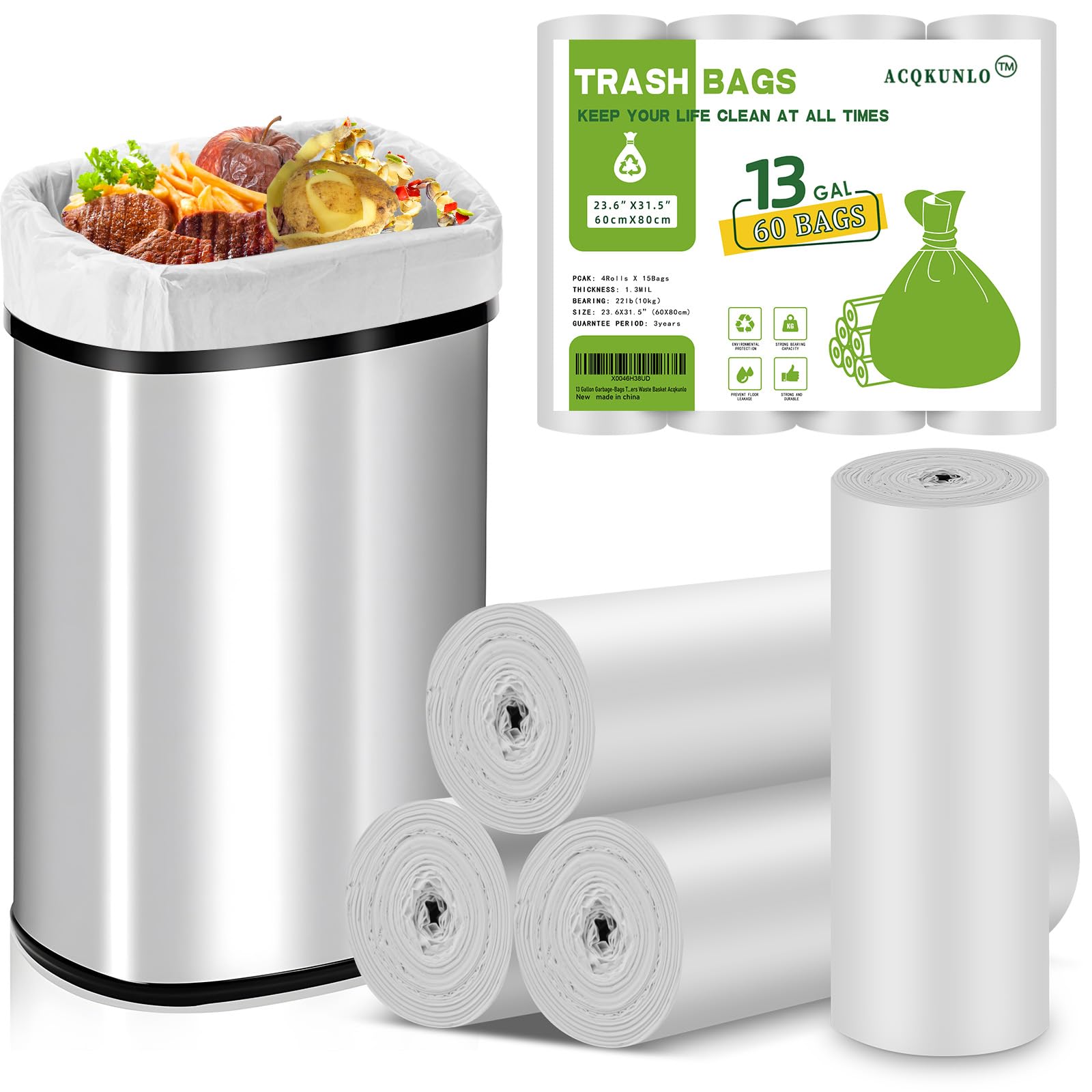 13 Gallon Garbage-Bags Tall Kitchen Compostable-Trash-Bag - White Biodegradable Unscented 60 Count Large Recycling Compactor Big Outdoor Liners Waste Basket