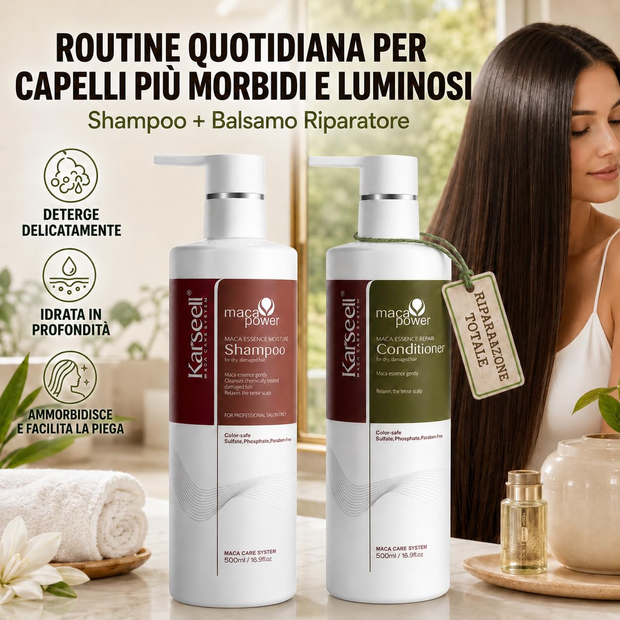 Karseell MACA CARE SYSTEM Set Shampoo Idratante + Balsamo Riparatore Capelli Secchi Danneggiati Colorati Ricci Lisciati Nutriente Anticrespo Collagene Argan Maca Professionale Senza Solfati 2x500ml