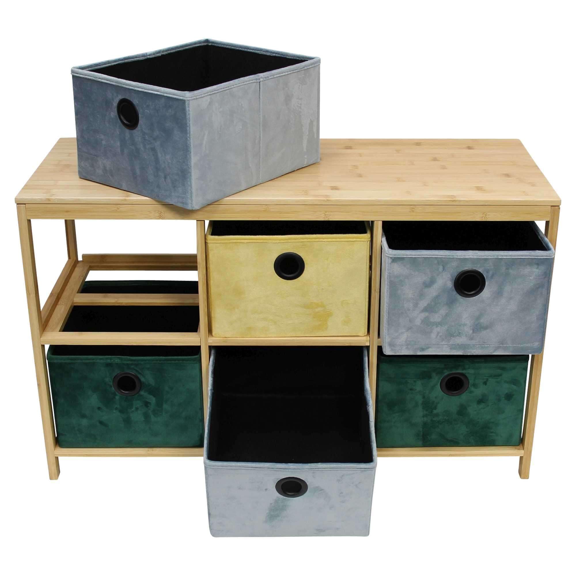 Dekoleidenschaft Regal "Bunt" aus Bambus mit 6 Boxen aus Textil in Samt Optik, Aufbewahrungsregal, Bambusregal mit Aufbewahrungsboxen, Standregal, Kommode