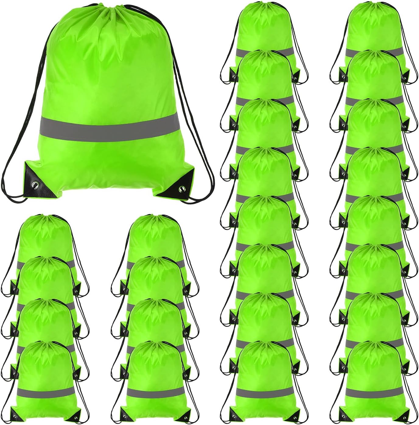 PATIKIL Drawstring Backpack Bulk 25 Pack 210D Polyester Cinch Sack Draw String Bags with Reflective Strips for DIY Women Men Gym Sport Travel Party, Green (17" x 13.4")