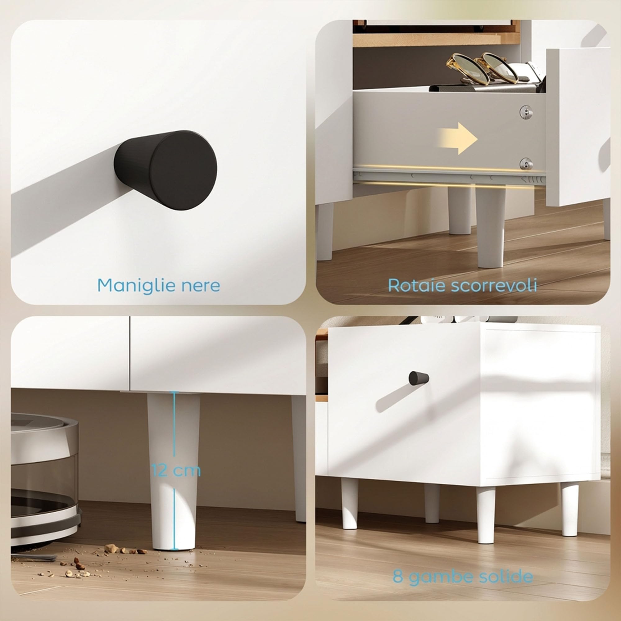 HOMCOM Mobile TV con 2 Ante a Ribalta, Cerniere Soft Close, Cassetto e Ripiano Aperto, Mobile Porta TV Fino a 70", 8 Gambe per Soggiorno o Camera da Letto, 150x35x45 cm, Bianco e Color Legno
