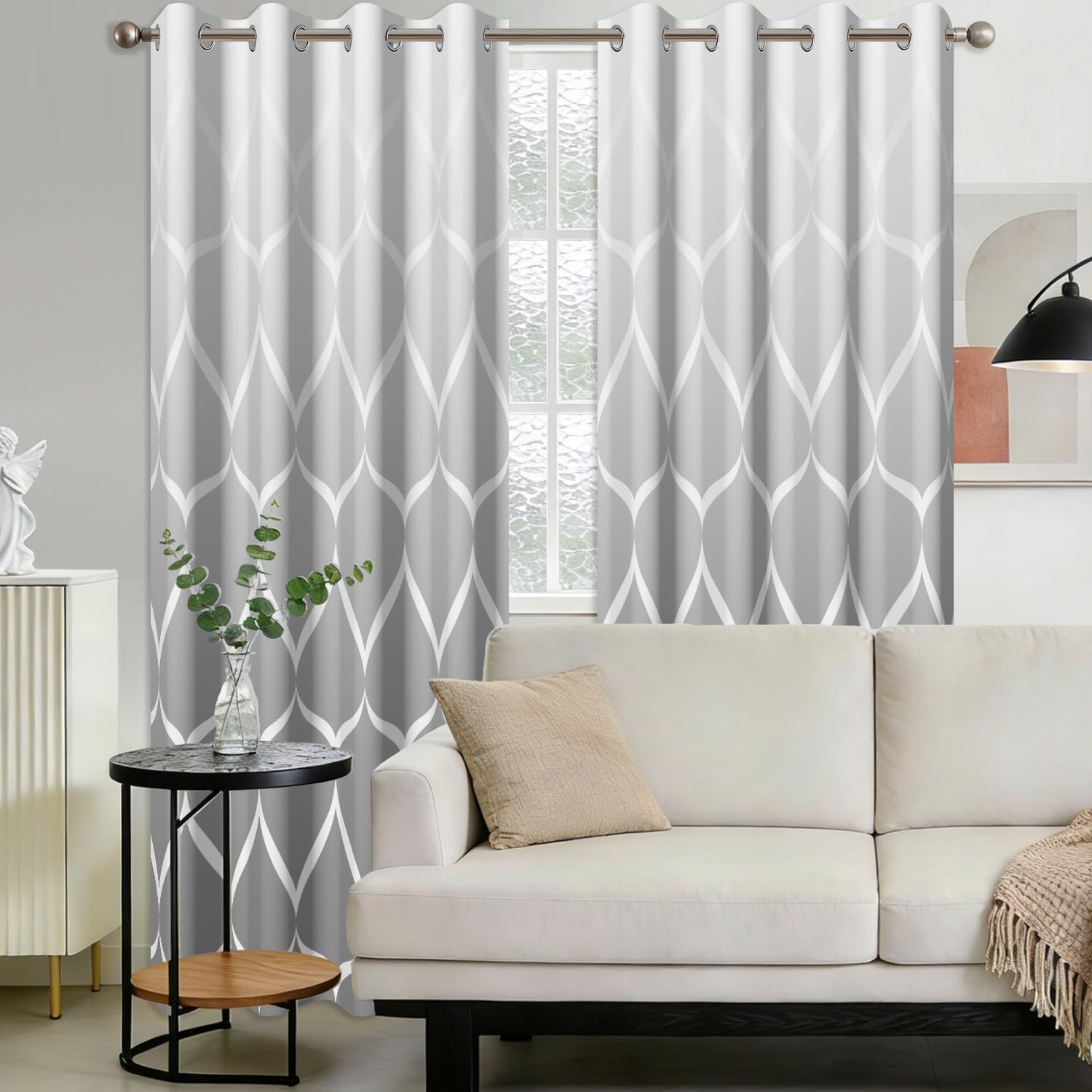 Blackout Curtains 84 Inches Long Thermal Insulated Grommet Drapes Curtains for Bedroom Living Room, Grey White Ombre Modern Moroccan Abstract Geometric Neutral Patterned Decorative Curtain