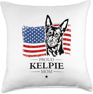 Proud Australian Kelpie Mom American US Flag Patriotic Dog Throw Pillow
