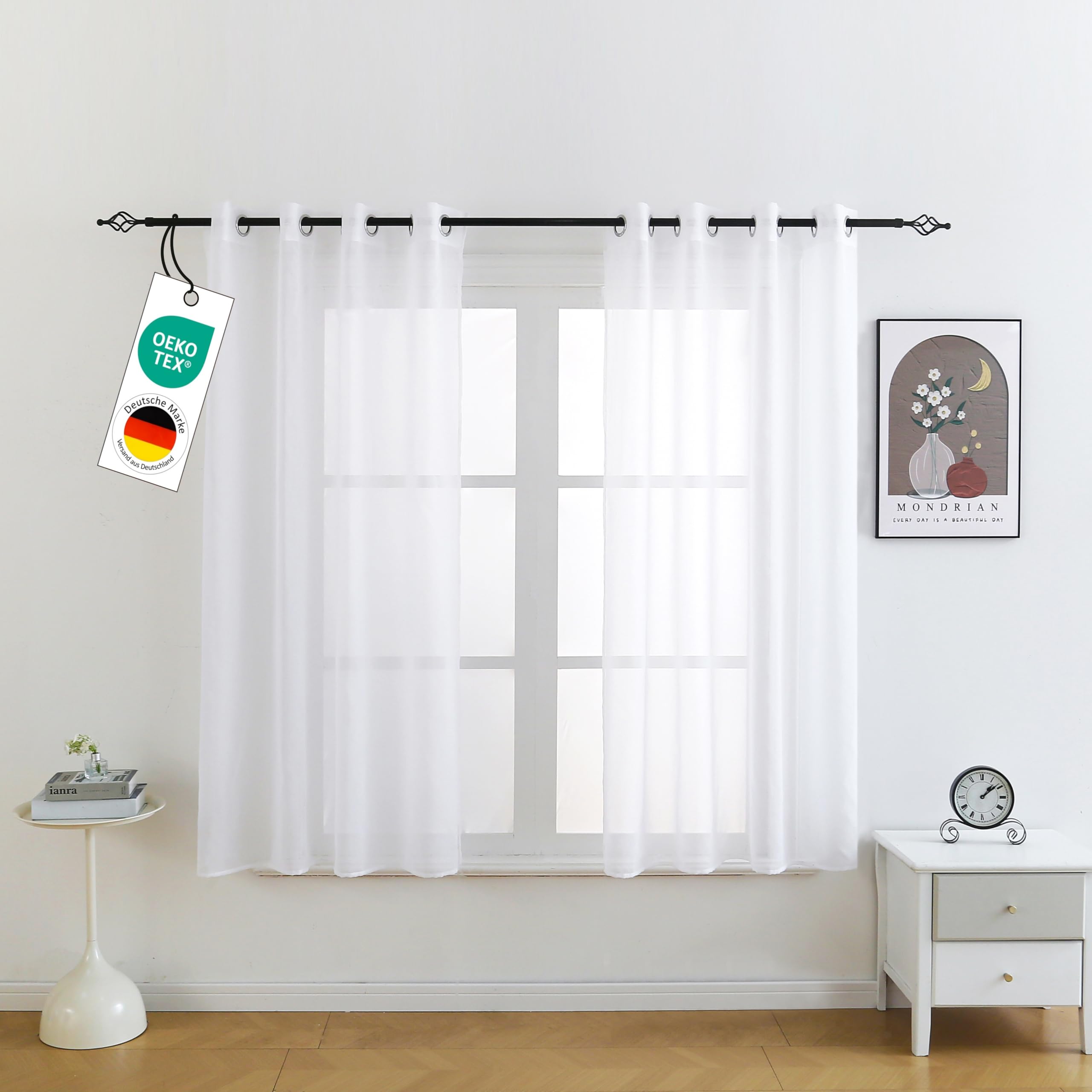 4er Set Vorhänge mit Ösen, Oeko-TEX Zertifiziert, Transparente Gardinen aus Voile Polyester Ösenschal Transparent Wohnzimmer Luftig Dekoschal in leinen Optik Top Weiß