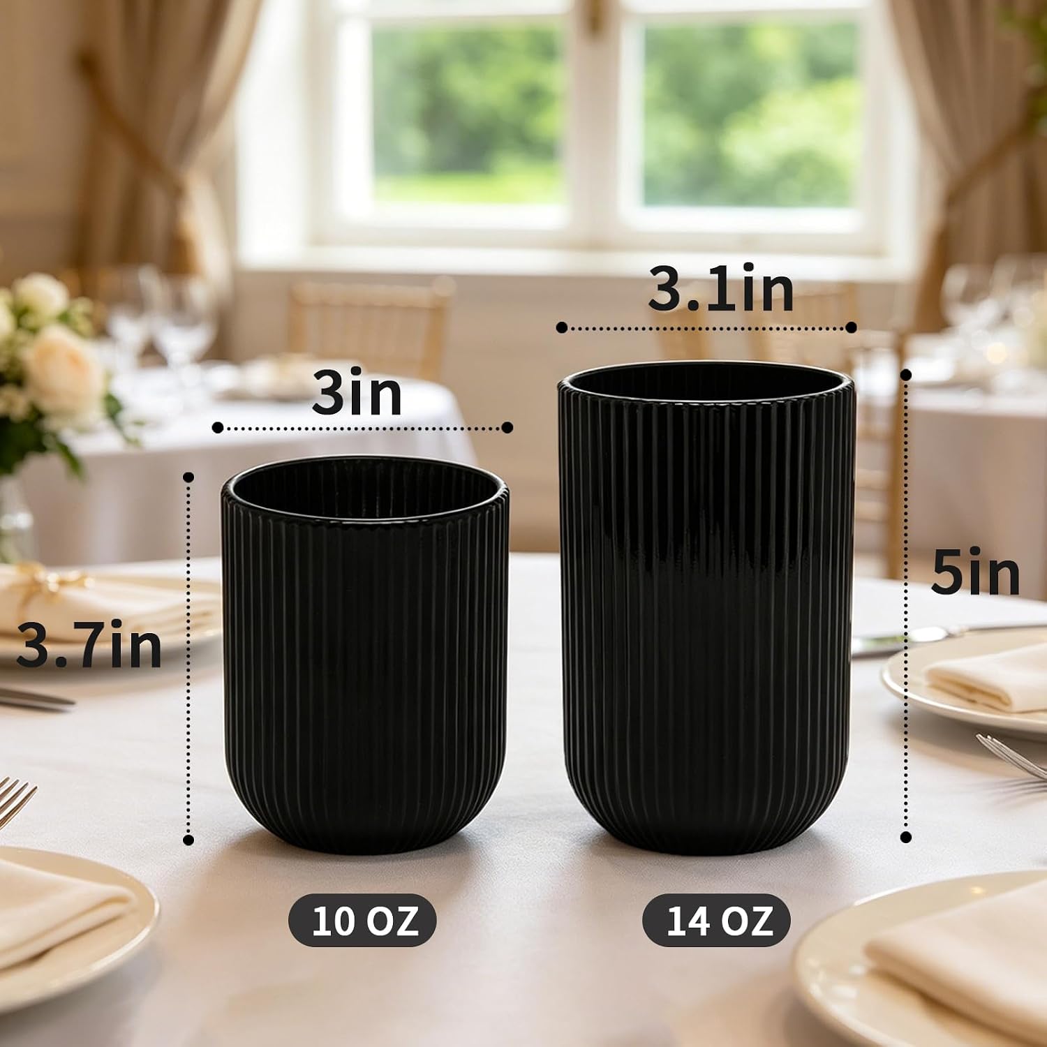 Black Ribbed Drinking Glasses Set of 12, 14 Oz Highball Glasses & 10 Oz Cocktail Glasses, Embossed Boho Durable Glass Cups Kitchen Bar Tumbler Glassware Set for Whiskey, Beer, Juice, Milk