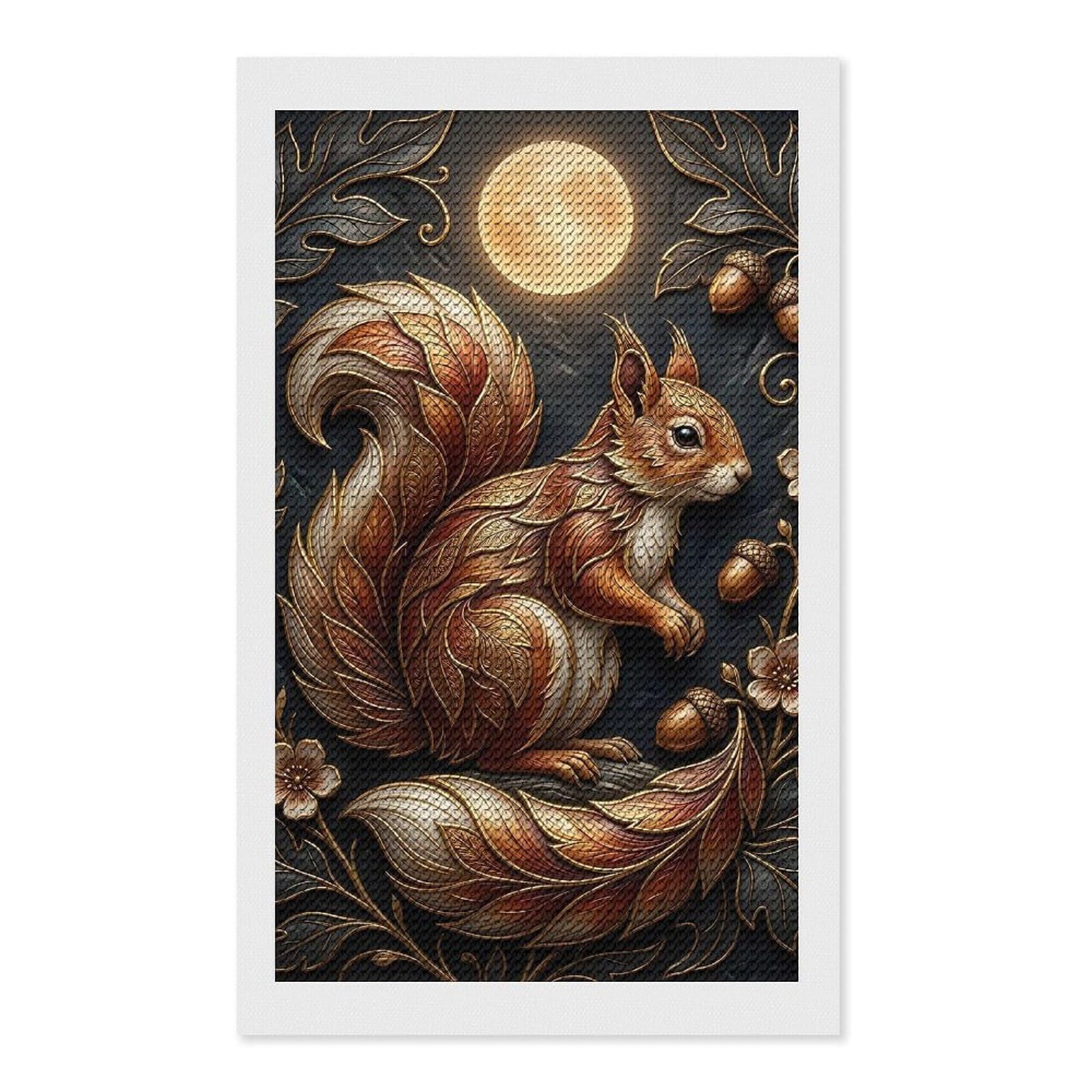 Junmoney Ornate Squirrel with Moon and Acorns DIY Diamond Art Canvas Kit 12"x20", Pleasing Wall Art Project, Easy Handmade Project, Living Room Decor