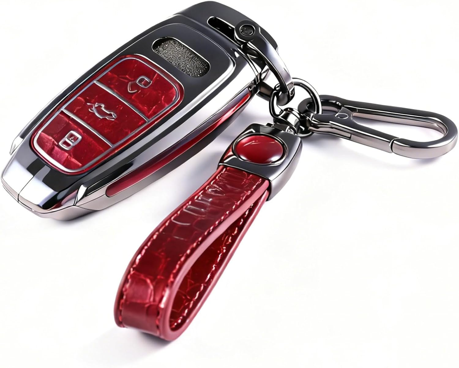 Premium Microfiber Leather Key Fob Cover with Stainless Steel Button Accents and Keychain, Luxury Anti-Scratch Protective Case Compatible with Audi A3 A4 A5 S4 S5 A6 A7 A8 Q3 Q5 Q7(Red)