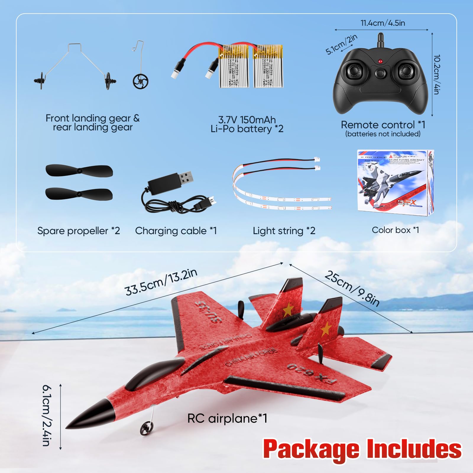 Avion RC 2,4 GHz Télécommandé avec Gyro 3 Axes, Avion de Combat en Mousse 2 Canaux, 2 Batteries LED, Rouge