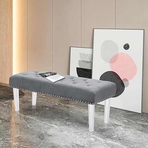 Miniatura 27 de Magshion Mid-Century - Banco otomano de microfibra con botones y patas en X, carga de hasta 440 libras para sala de estar, dormitorio, habitación,