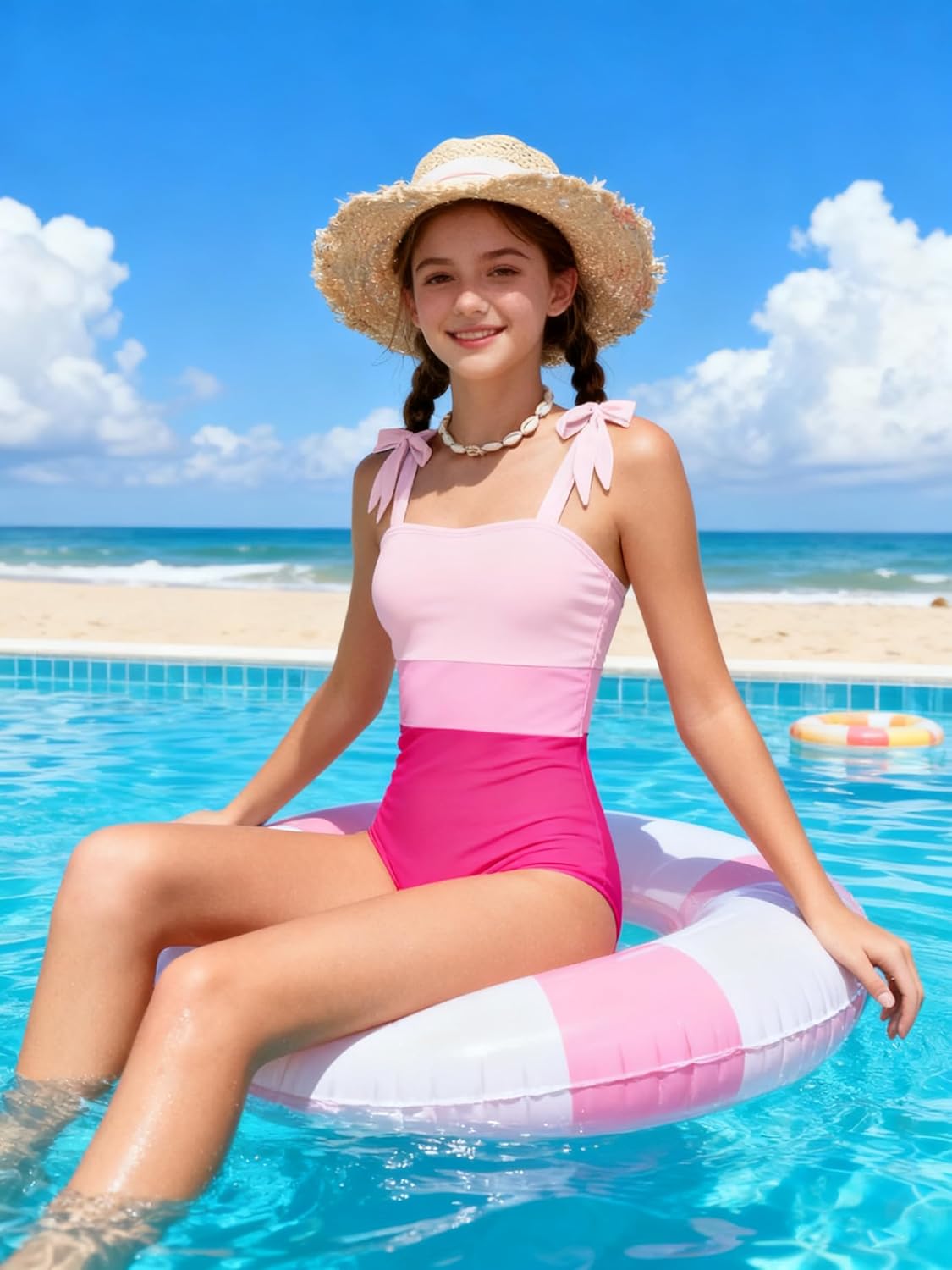 Girls Swimsuit One Piece Casual Color-Block Adjustable Straps Girls Bathing Suit Swimwear 9-16T - Image 4