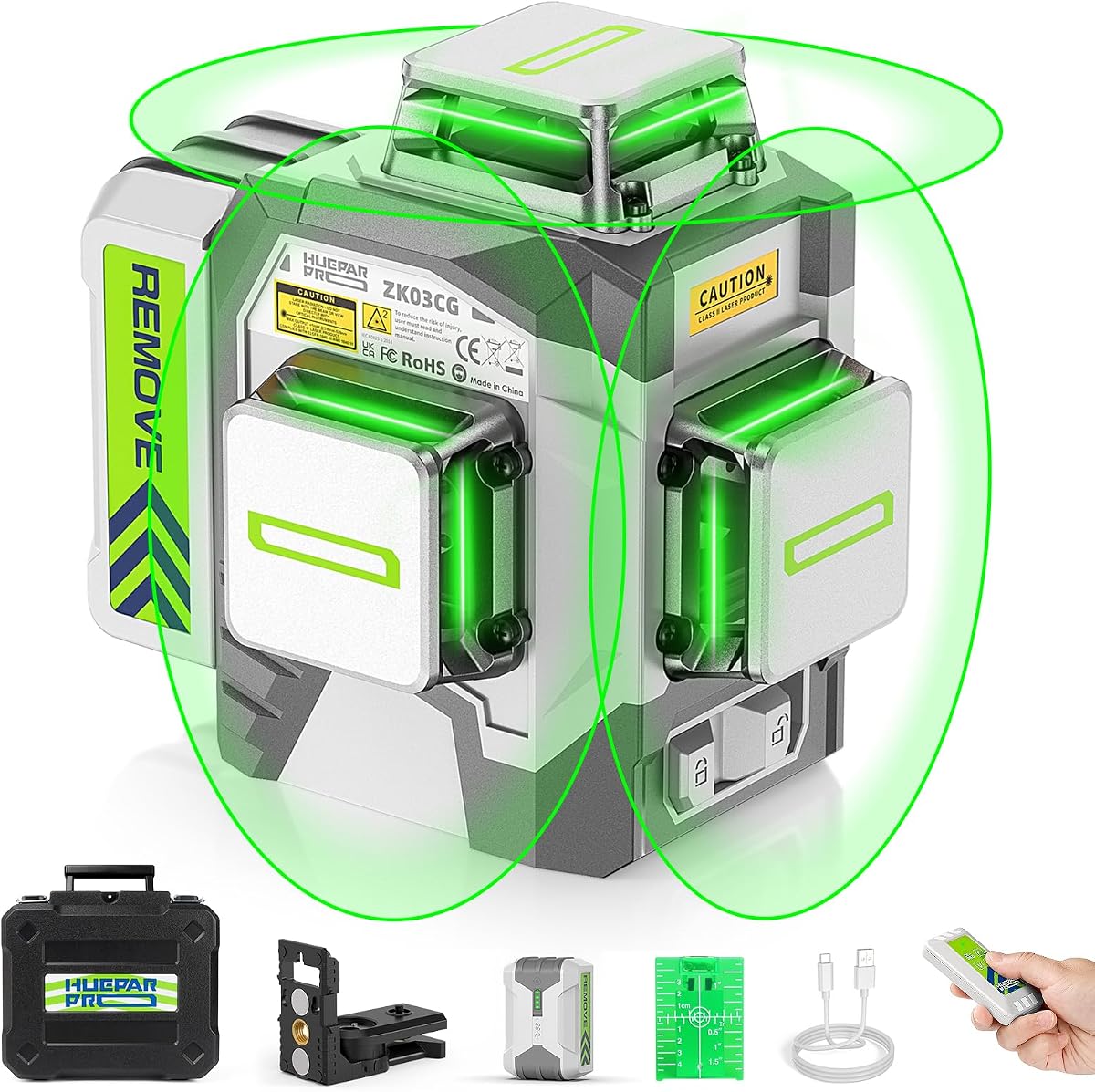 Huepar Pro Nivel Láser 360 Autonivelante, Láser de Línea Cruzada Verde de Alta Precisión 3x360° para Construcción y Colgar Cuadros, Herramienta Láser de Nivel de 12 Líneas con Batería Recargable y Control Remoto
