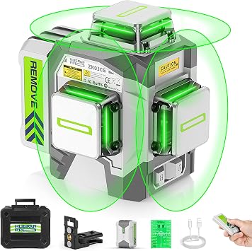 Huepar Pro Laser Level 360 Self Leveling, 3x360 High Accuracy Green Cross Line Laser for Construction and Picture Hanging, 12 Lines Level Laser Tool with Rechargeable Battery & Remote Control