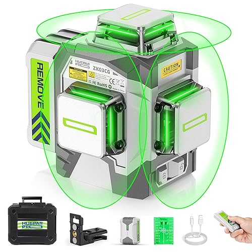 Huepar Pro Laser Level 360 Self Leveling, 3x360° High Accuracy Green Cross Line Laser for Construction and Picture Hanging, 12 Lines Level Laser Tool with 8000mAh Rechargeable Battery & Remote Control