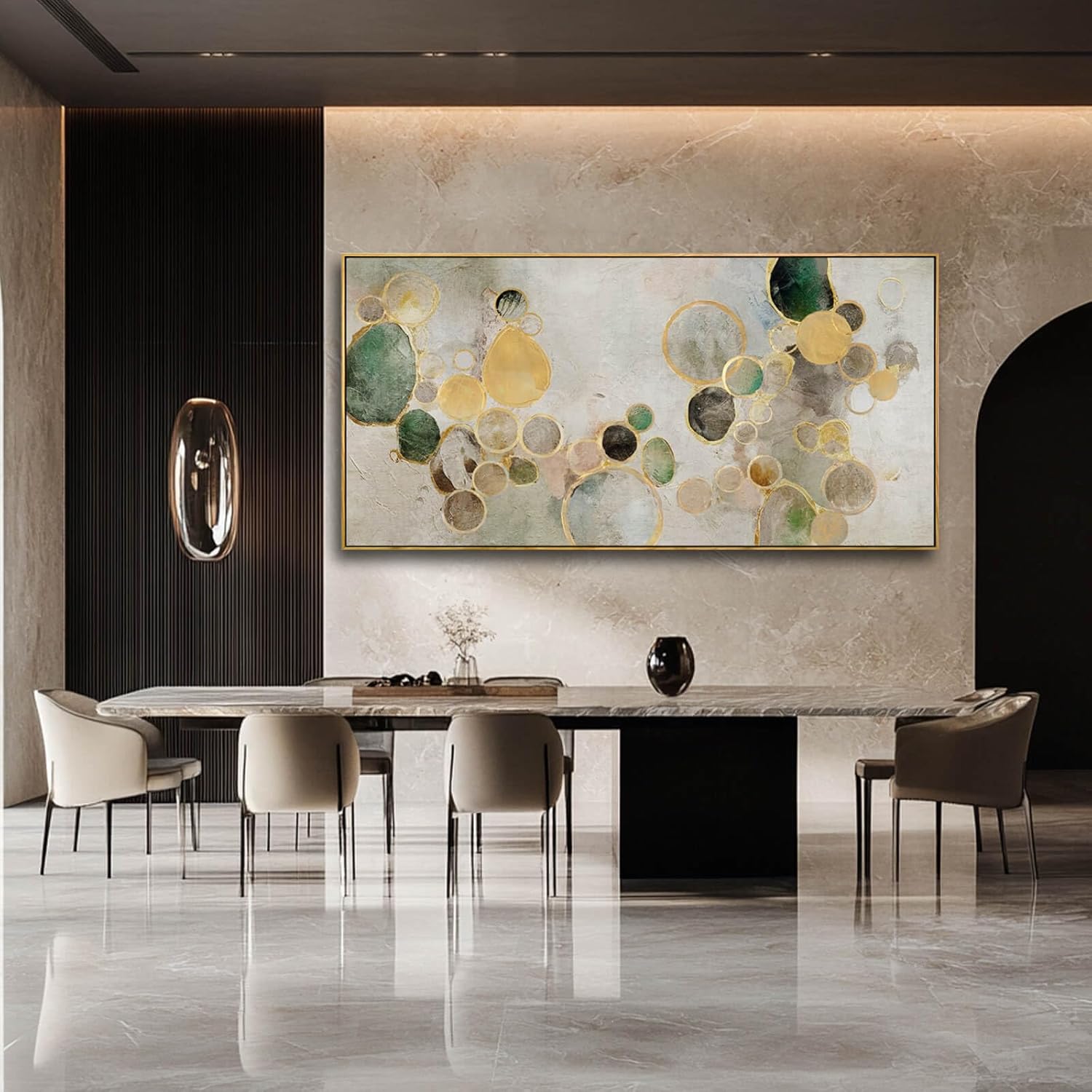 Abstract Canvas Wall Art Gold Circle Painting Green Artwork Framed Wall Prints 29x 58 Office Wall Decor Colorful Pictures for Living Room Bedroom