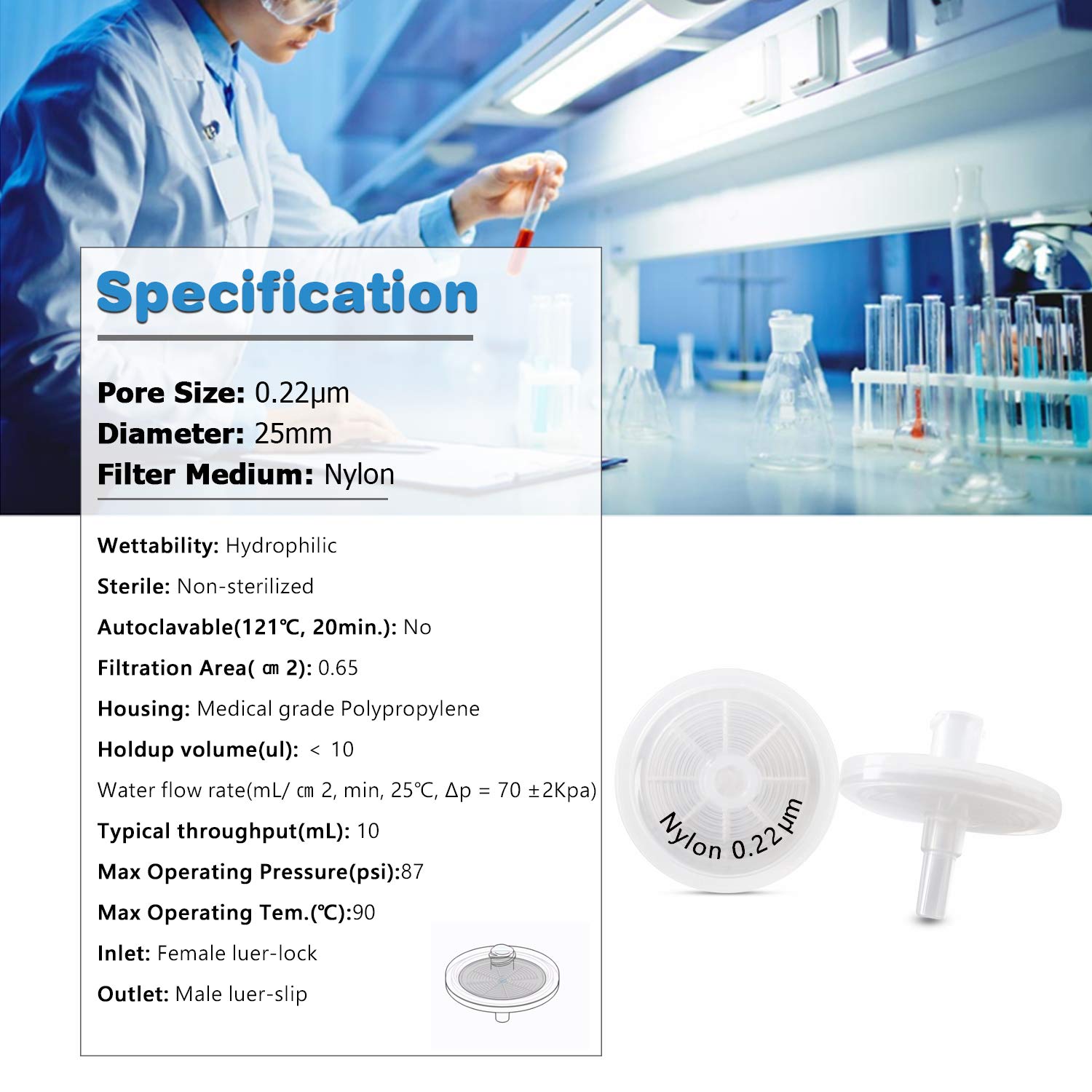 Biotechnology Filtros de jeringa [membrana de nailon hidrófilo] no esterilizados 25 mm de diámetro 0,22 μm de tamaño de poro para filtración de laboratorio [paquete de 100]