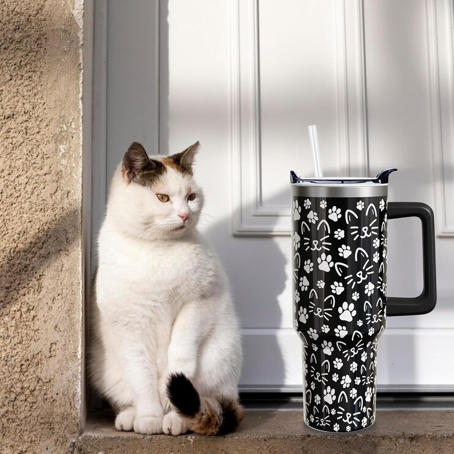 40 Oz Cat Paw Tumbler with Handle and Lid Straw, Black Cat Face Stainless Steel Travel Cups Birthday Cats Lover Gifts for Women Men (1PC) - Image 7
