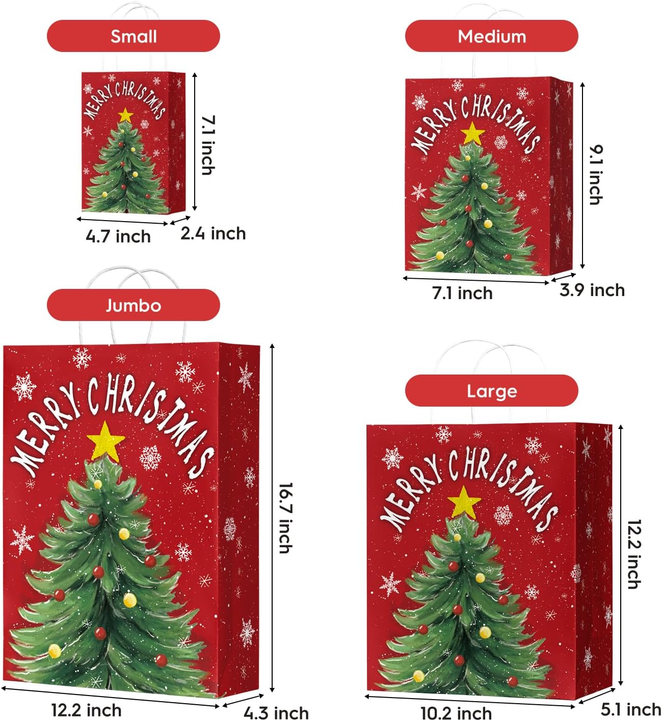 Horaldaily 24 Christmas Gift Paper Bags Bulk with handles Wrapping, Christmas Trees Snowman Truck Ball Ornaments Xmas Holiday Presents(6 Jumbo,6 Large,6 Medium,6 Small)