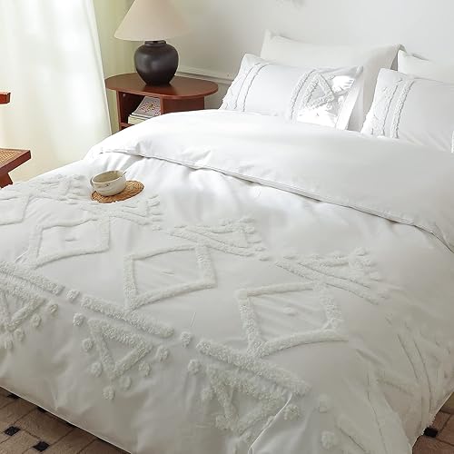 Miniatura 3 de Simple&Opulence Juego de funda de edredón 100 % algodón bohemio copetudo, tamaño Queen, funda de edredón bordada con textura blanca con 2 fundas de