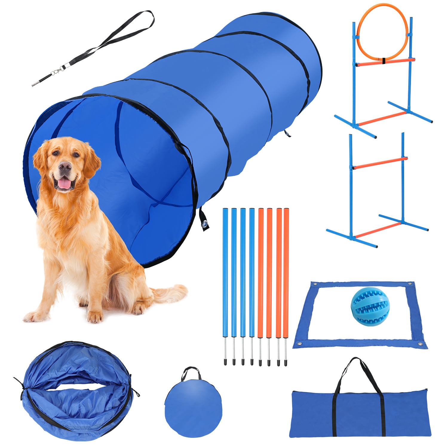 Agility Set Hunde mit Hundetunnel,8 Slalomstangen,Hürde,Sprungring | 5-teiliges Trainingsset,Höhenverstellbar,Faltbarer Agility Tunnel,Tragetasche,Hundeparcours für Hundetraining und Hundesport
