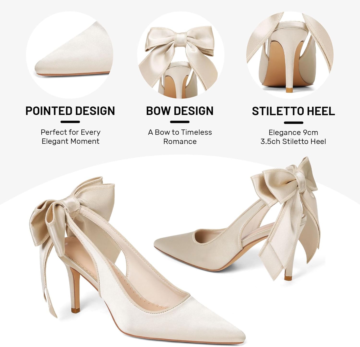 Mattiventon Slingback Heels for Women Pointed Closed Toe Stiletto Heels with Bow Tie Wedding Shoes for Bride Satin Prom Party Dress Pumps - Image 6