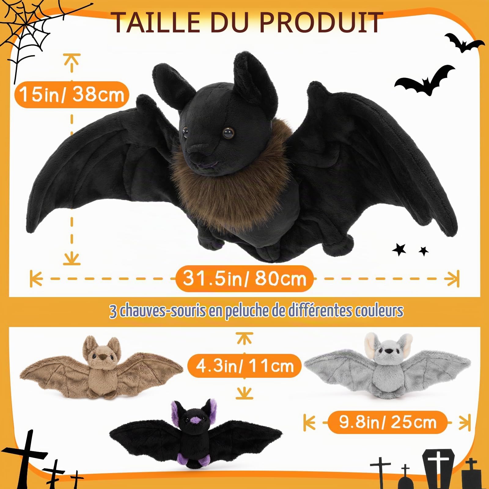 MorisMos XXL Grand Chauve-Souris en Peluche, 80cm Noir avec 3 Kawaii Bébés Animaux en Peluche Géants Douce Cadeau pour Enfants Noël Anniversaire