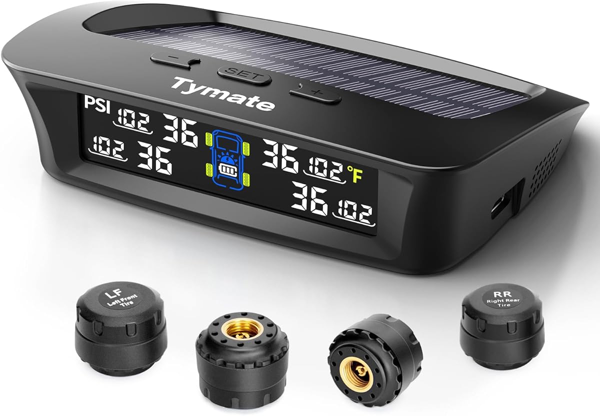 Tymate TM3 RV Tire Pressure Monitoring System, Tire Pressure Monitor with Solar Charge, TPMS with 4 Sensors(Max to 10) & 6 Alarm Modes, 2024 Updated w/Color LCD Display, 0-87PSI for RV/Trailer/Truck
