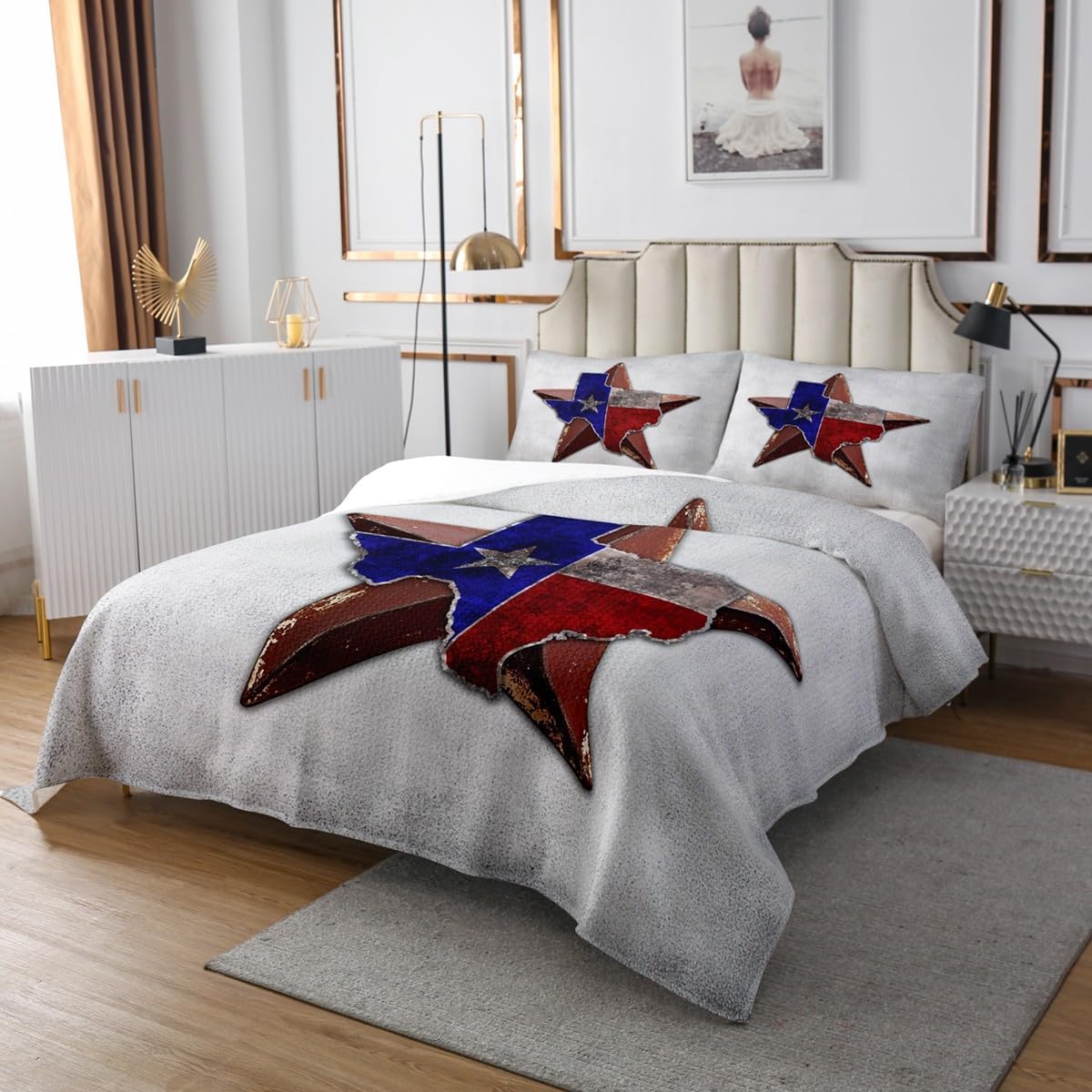 Erosebridal Western Coverlet Queen Size Texas State Flag Bedding Set, Texas Stars Bedspread Set Grey Grunge Quilt Set, Vintage American Flag Bed Set Rustic Farmhouse Decor 3pcs Soft