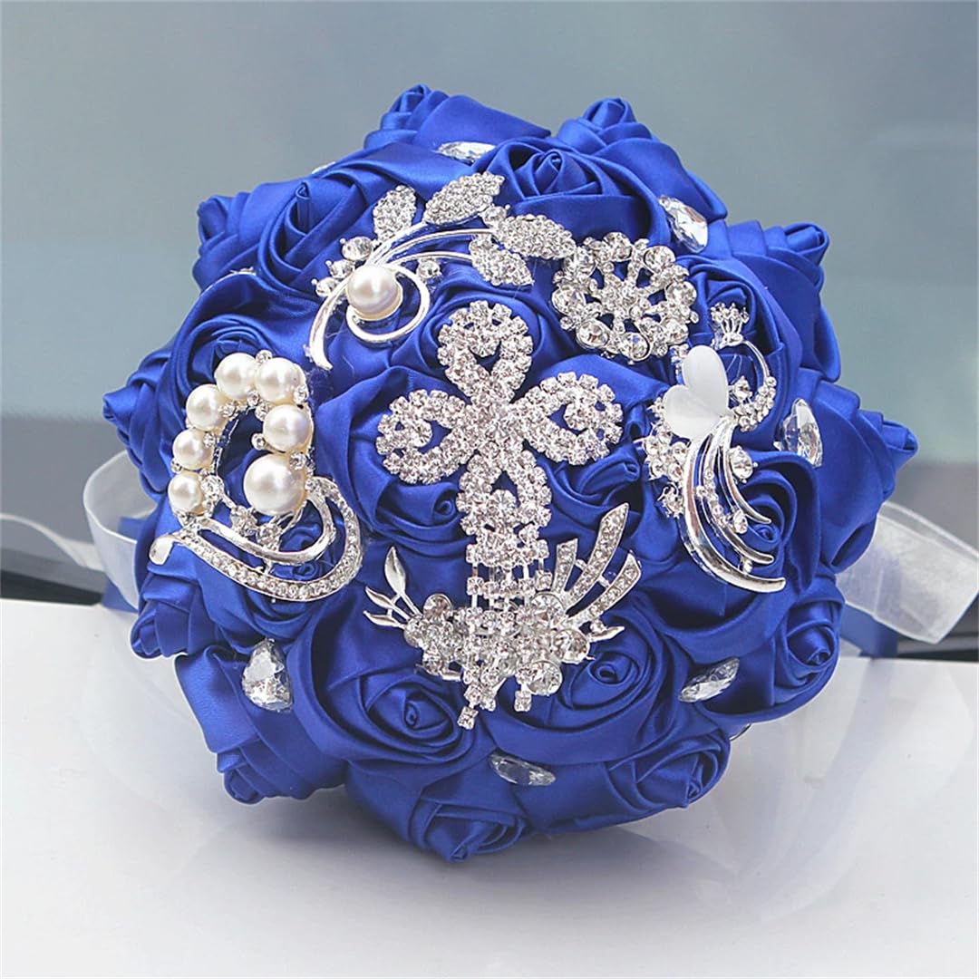 HJRegaFimu 15cm Jewelry Beaded Wedding Flower Bridal Bridesmaid Bouquets Ribbon Diamond Brooch Bouquet W223 Royal Blue