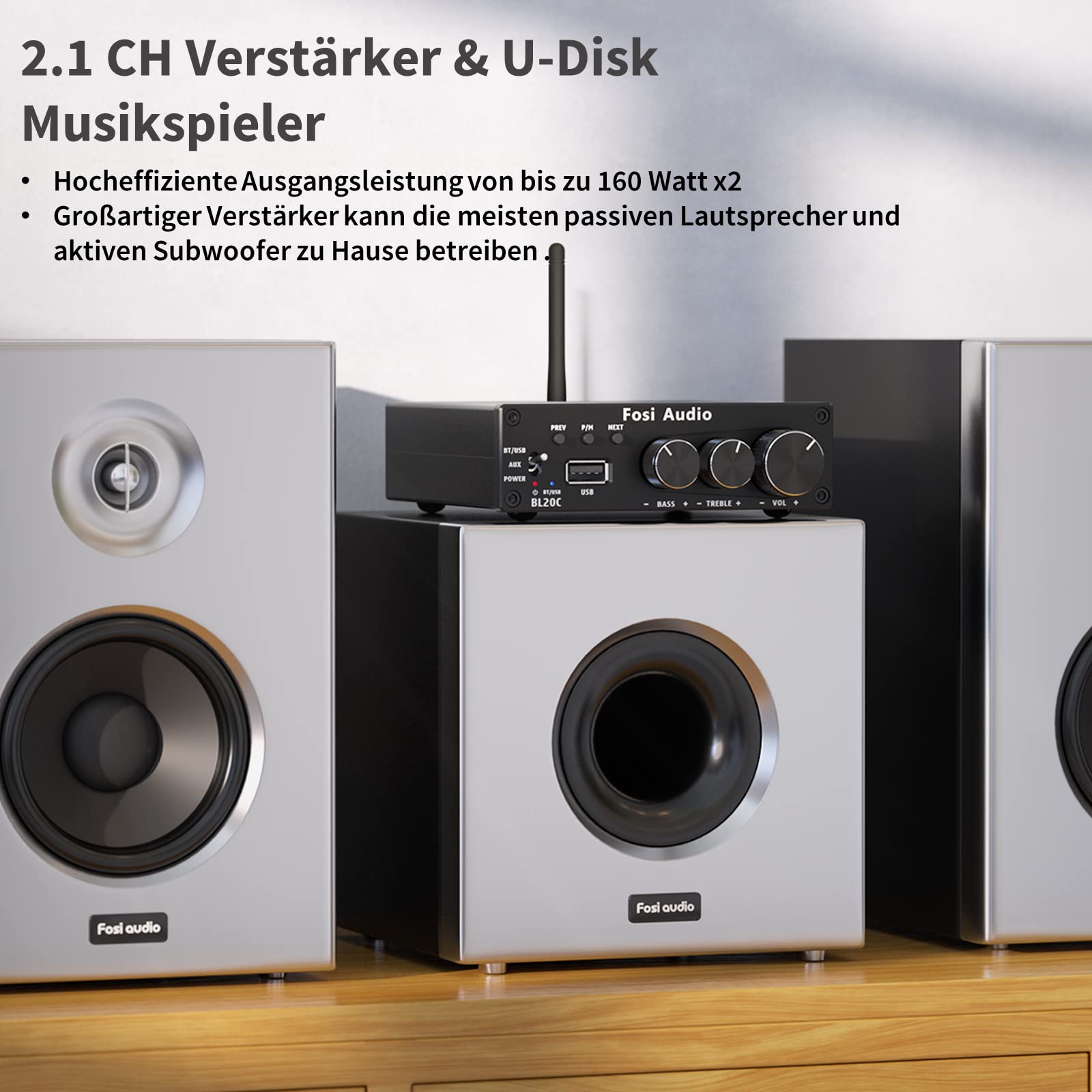 Fosi Audio BL20C HiFi Verstärker 320 Watt, Bluetooth 5.0 Mini 2.1 CH Klass-D TDA7498E Integrierter, 160W x 2 für Passivlautsprecher & Subwoofer