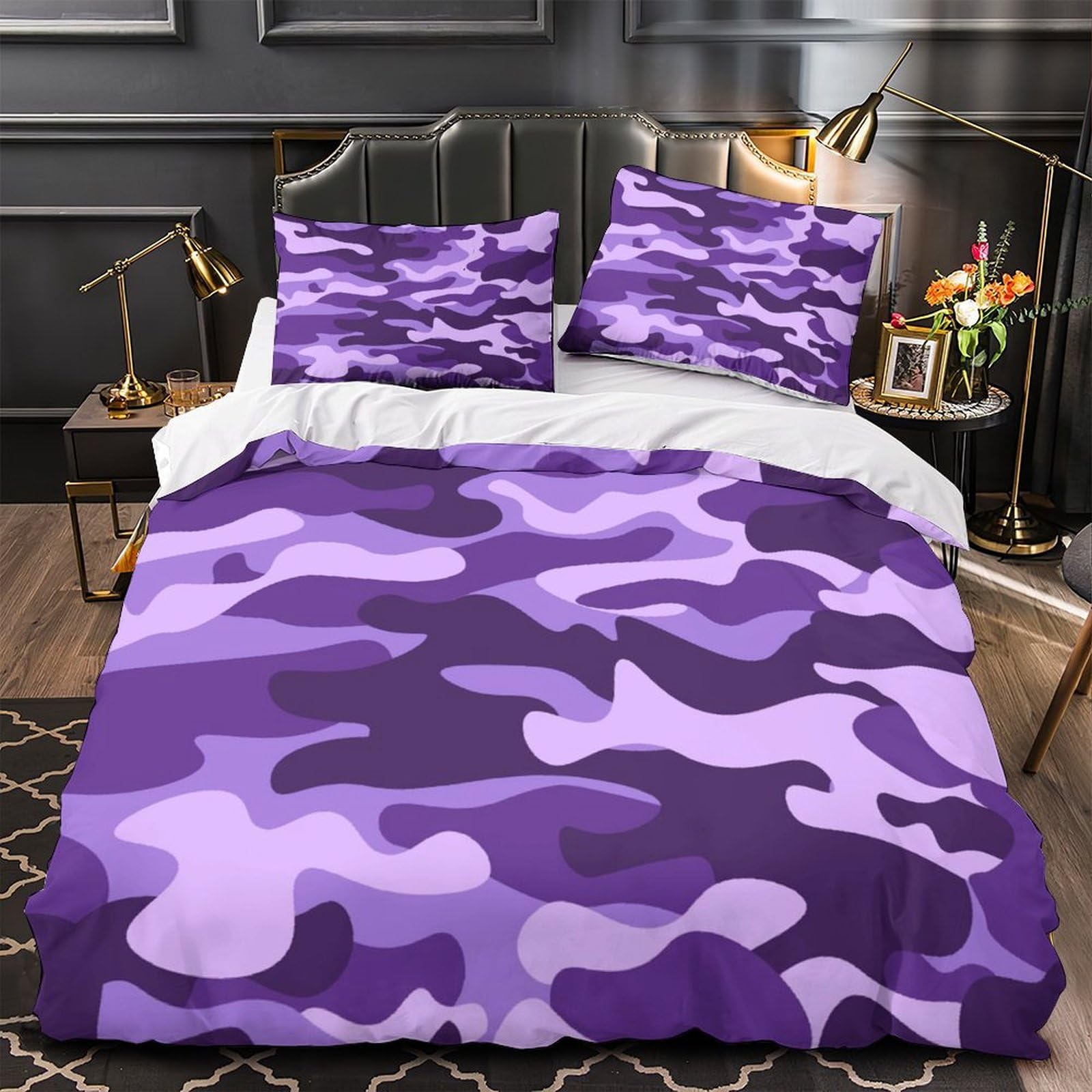 MMDASBVPE PurpleCamouflage Comforter Cover 3D Design Printed Luxury 3 Piece Bedding Set Zipper Duvet Cover Super Soft Washable for Kids Teens Adults Women Youth Teenagers Double（200x200cm）