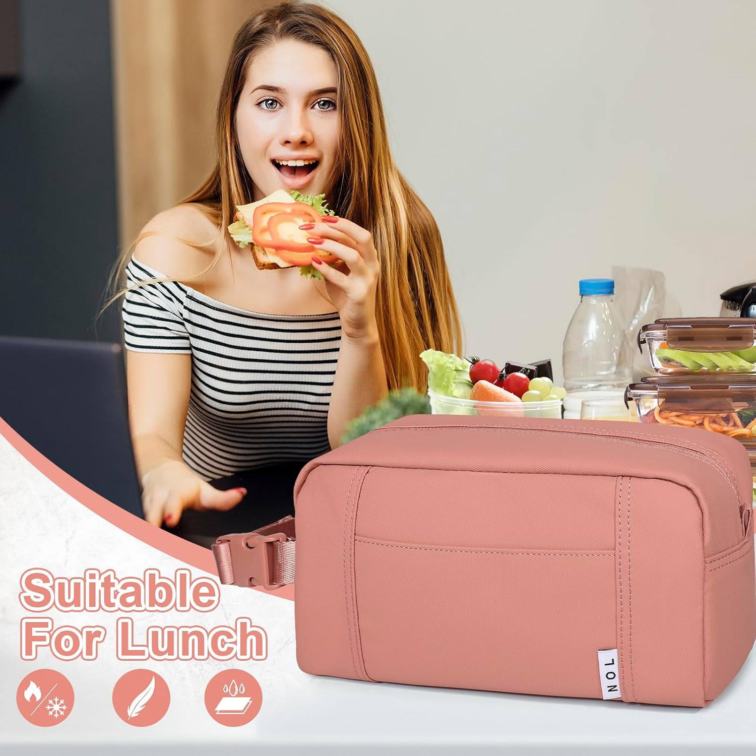 NOL Natural Organic Lifestyle Freezable Snack Bag, Leakproof Cooler Lunch Bag, Reusable, Zip Closure with Buckle Handle Nylon Waterproof Snack Box for Work Travel-Dark pink - Image 7
