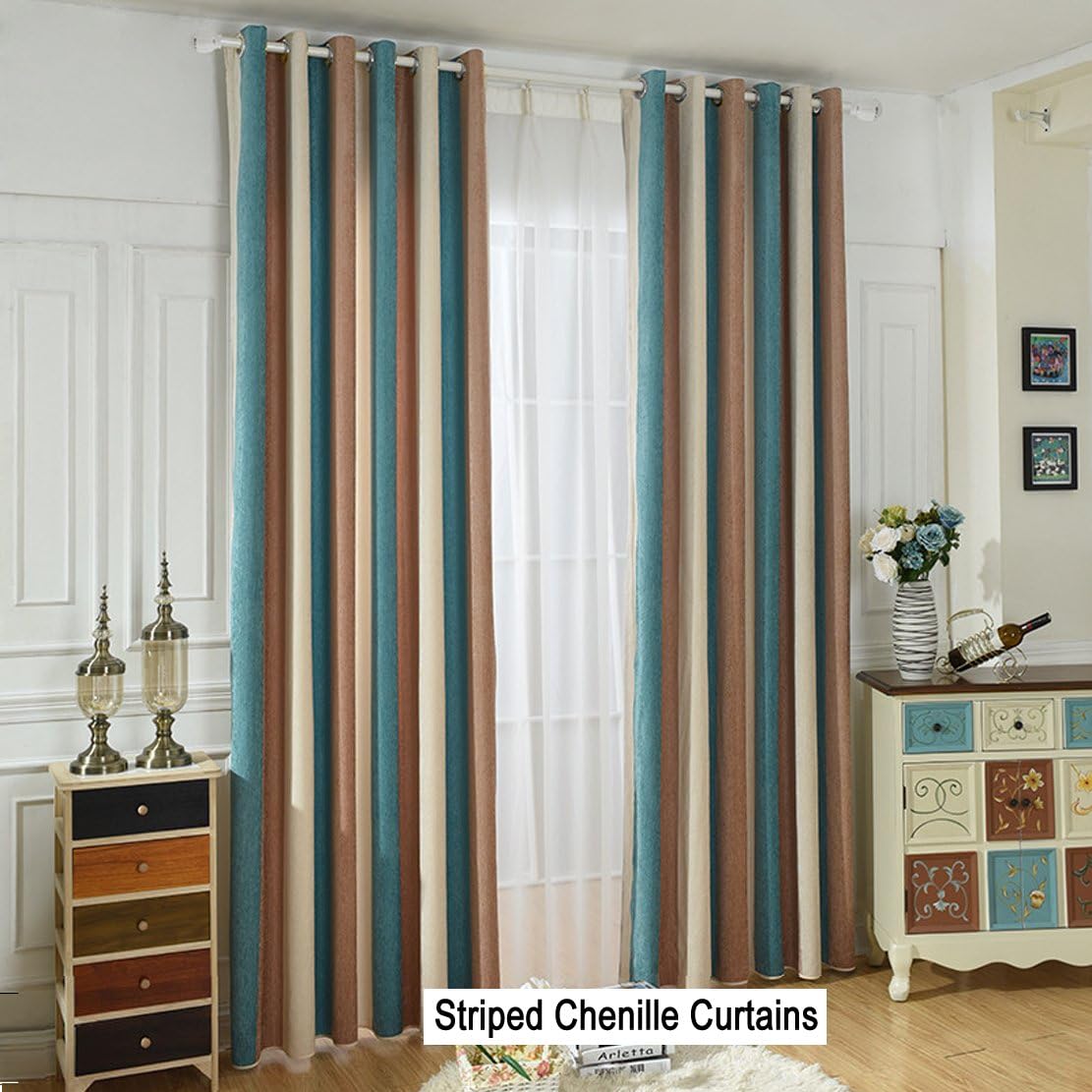 KoTing Striped Curtains Chenille Colorful Drapes 1 Panel Blue/Brown/Beige Striped Curtains Drapes Grommet Top 50W by 96L Inch