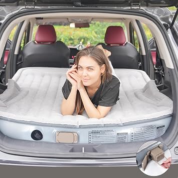 KMZ Portable SUV Air Mattress with Built-in Electric Pump, Fast Inflation | Soft Flocked Car Bed for Road Trips, Outdoor Camping & Travel, Grey