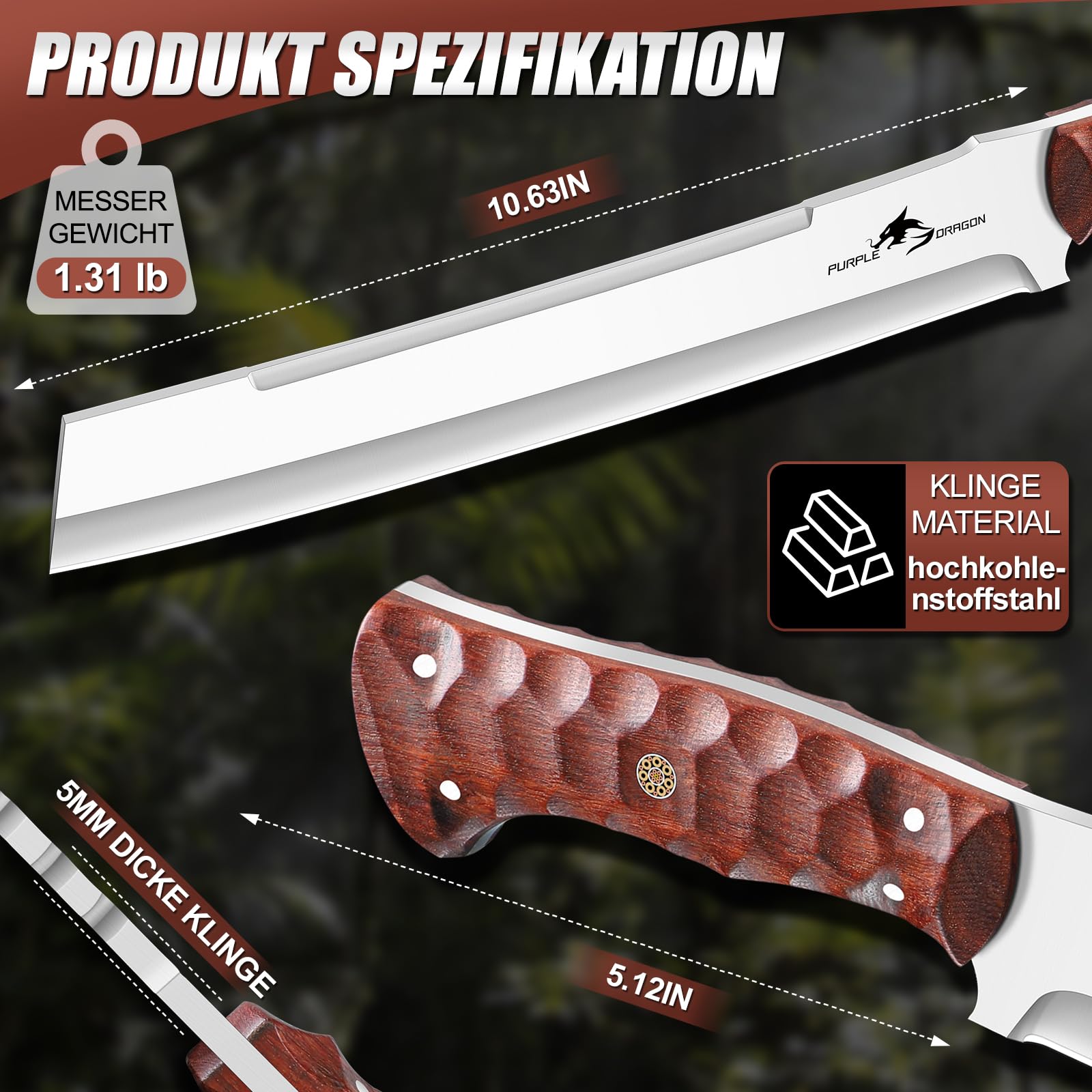 Purple Dragon Großes Outdoor Messer – Aus einem Stück D2-Stahl geschmiedet – Survival Messer mit durchgehendem Holzgriff und Scheide für Buschhandwerk, Camping und Gartenarbeit – Geschenk für Männer