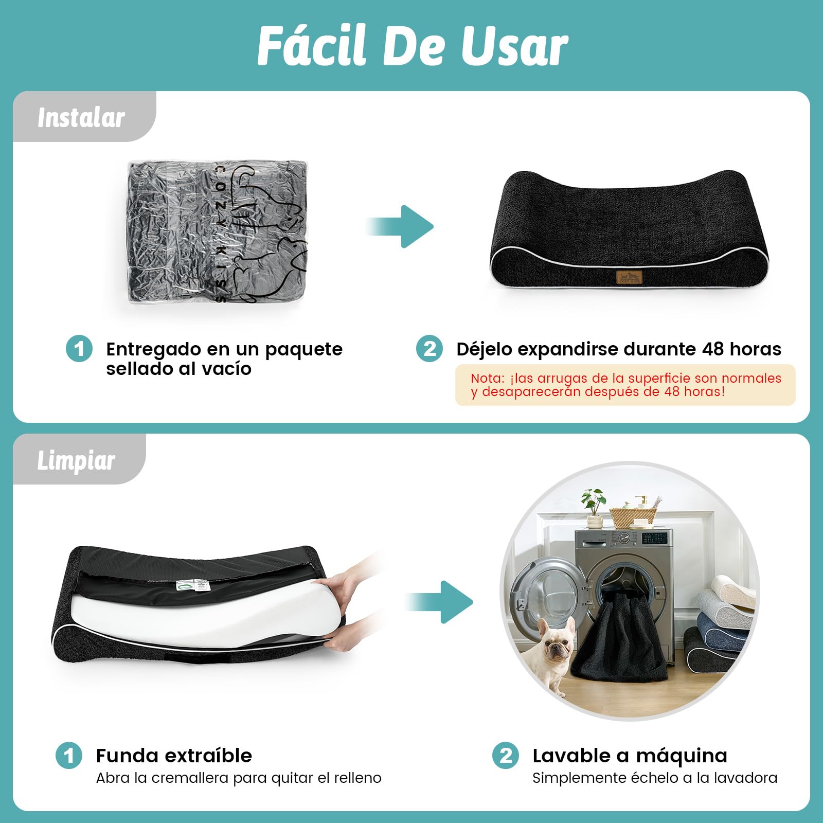 COZY KISS Cama para Perros Lavable, 129x91x20cm, con Borde Elevado - Colchón Ortopédico para Perros en Forma de Barco, Impermeable y Antideslizante, Adecuada para Mascotas hasta 64kg, Negro
